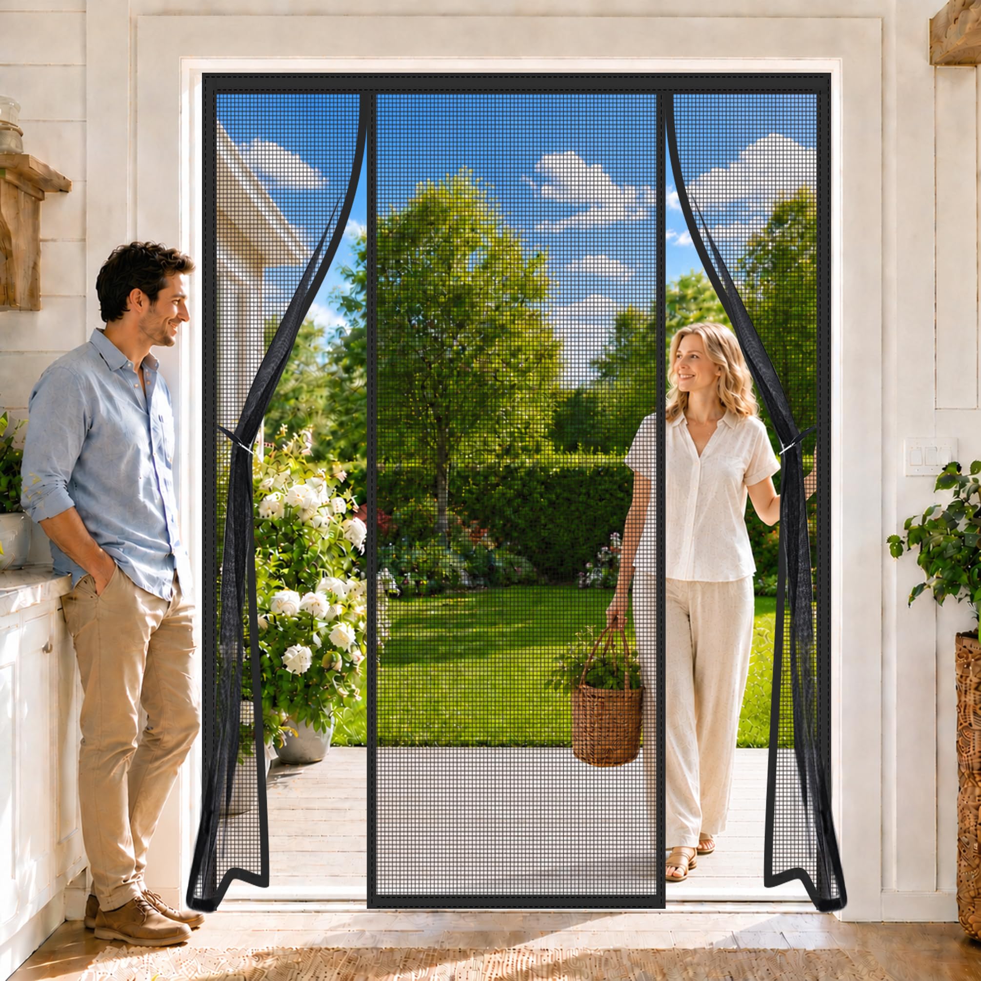 French Door Fly Screen Magnetic 135x230cm Double Door Mesh Bugs Mosquitoes Insects Partition with Bottom Weight Bar for Family Homes Wanting Seamless Indoor-Outdoor Flow Black