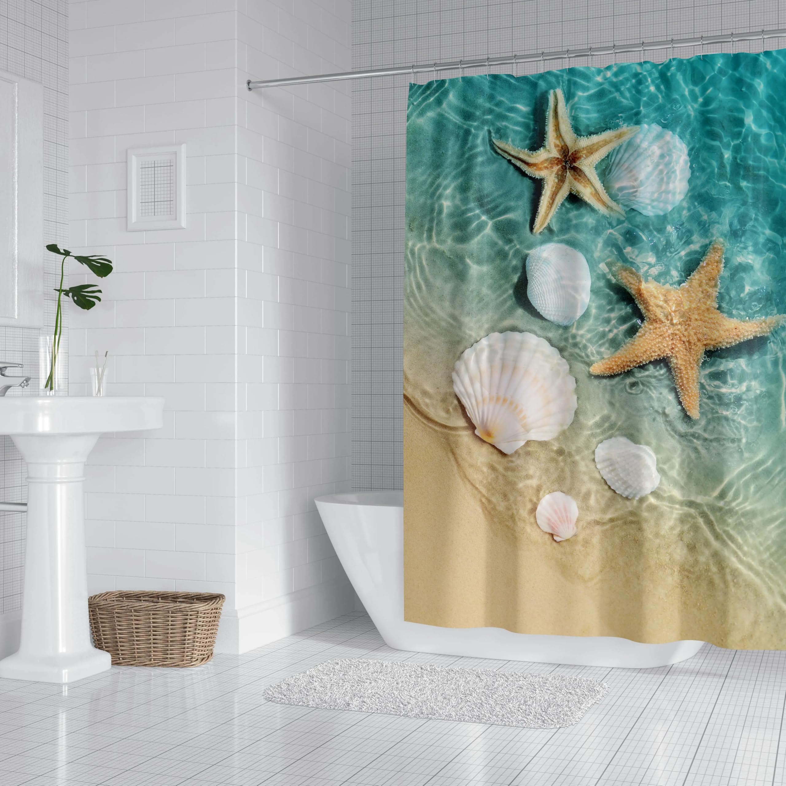 Rideau de Douche Motif étoiles de mer, décoration de Salle de Bain, Grand Rideau Large, Lavable en Machine, imprimé Plage, 280 x 200 cm