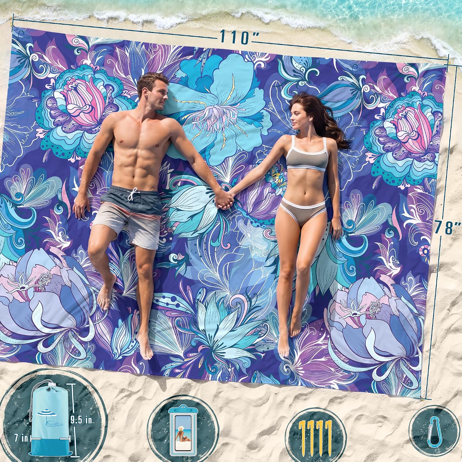 Beach Blanket Sandproof Waterproof Oversized 78"x81"/10'x9' Compact mat image 2