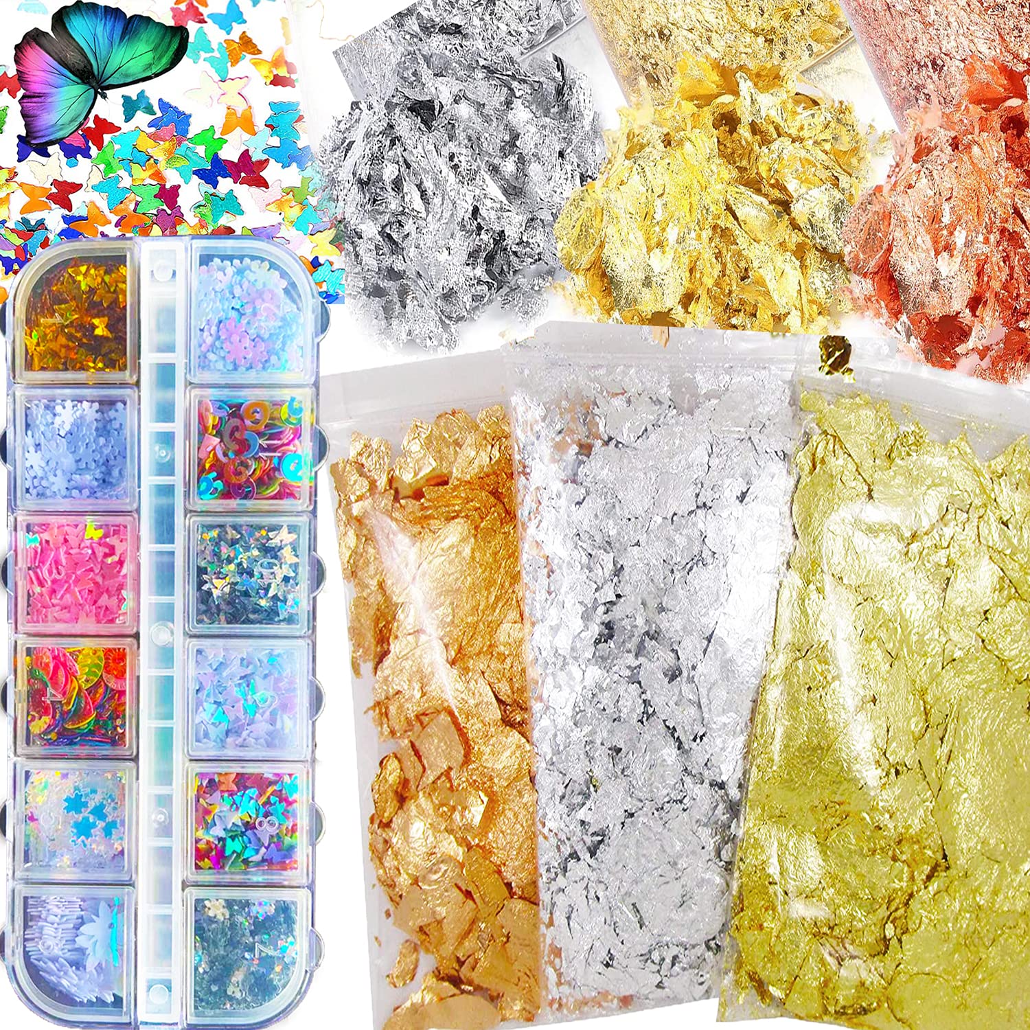 3 Packs Gold Foil Flakes + 12 Color 3D Butterfly Nail Art Glitter Sequins, Laser Butterfly Nail Sequin Acrylic Paillettes, Sparkle Glitter Sheets Tips for Nail Art Decoration