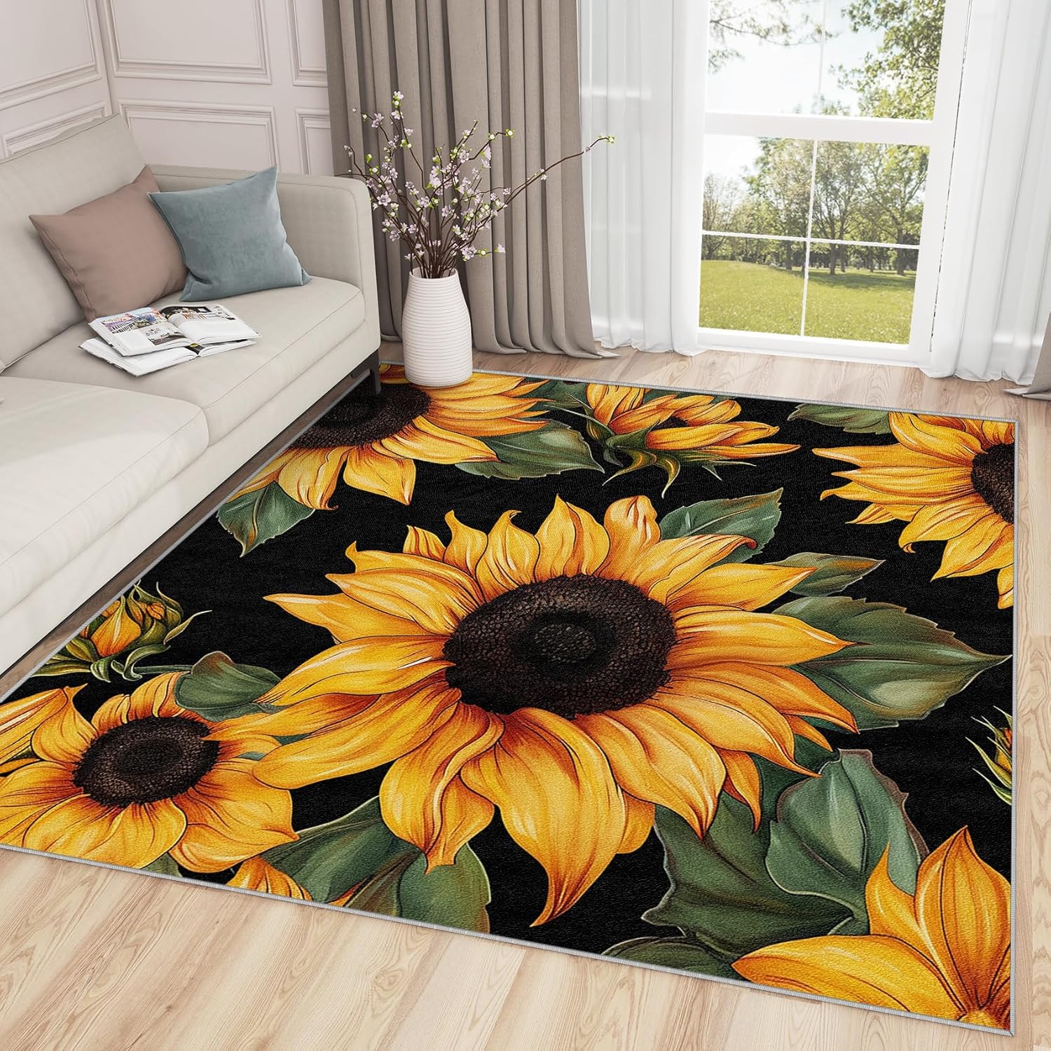 Sunflower 2x3 Area Rug - Yellow Black Green - Rustic Floral Botanical Design - Non Slip - Machine Washable