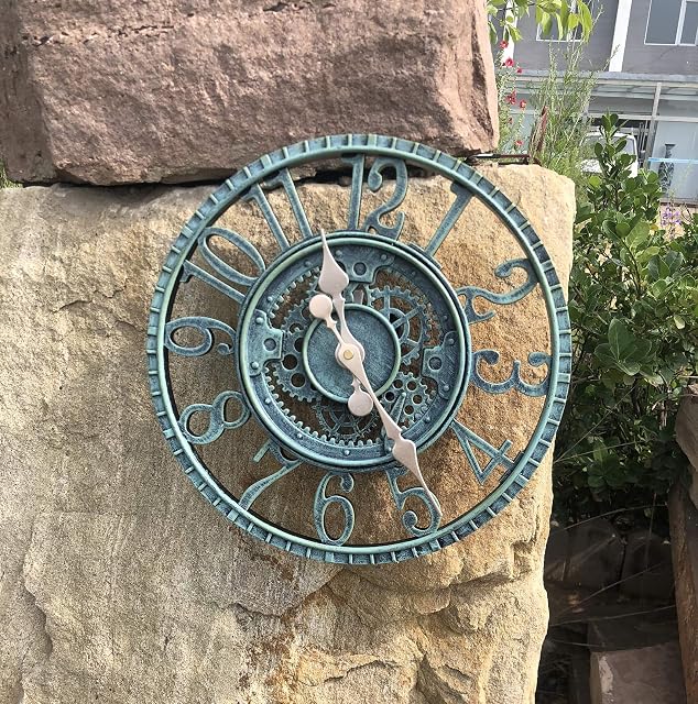 KUNY Outdoor Garden Wall Clock,Large 30cm Waterproof Garden Ornament Open Face Hollow Gear Vintage Weatherproof Clock.