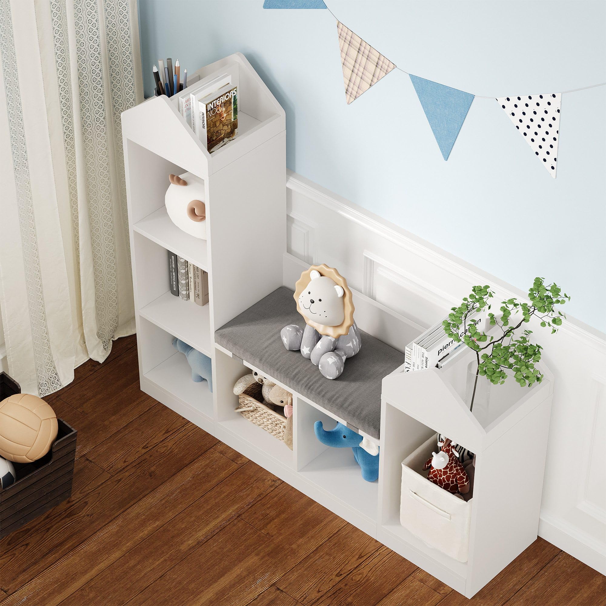 Bibliothèque Enfant avec Coussin, 6 Cubes Meuble de Rangement Jouet, avec Anti-basculement, Forme de Toit Unique, pour Jardins d'enfants, Aux Crèches et à la Maison, Blanc