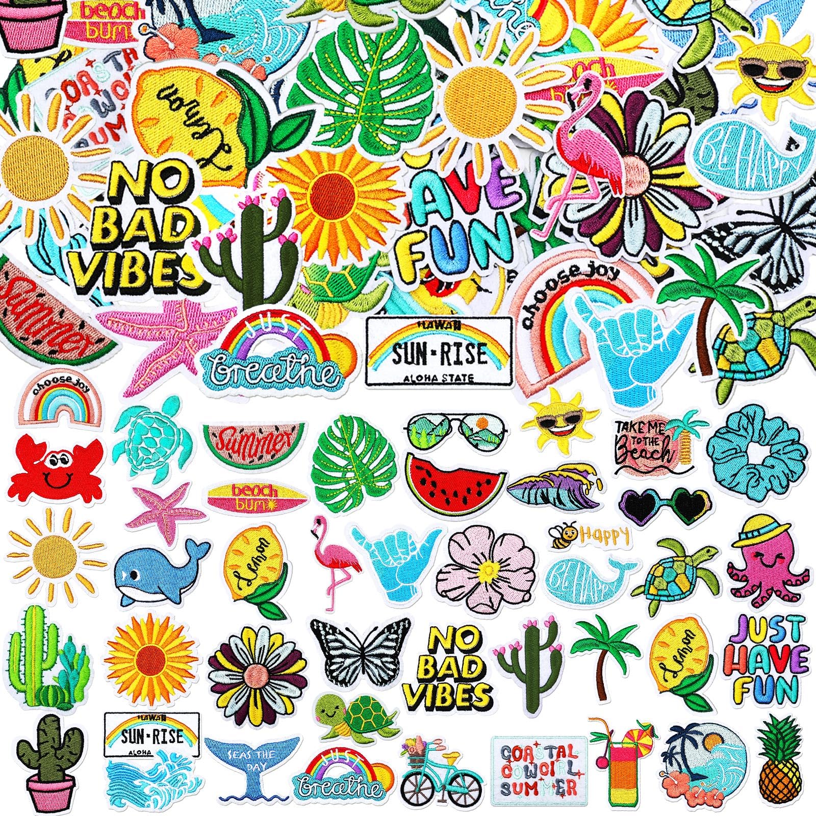 Photo 1 of Thiccywoov 80 Pcs Summer Iron on Patches Beach Theme Embroidered Sew Applique Hawaiian Tropical Colorful Applique Cute Sea Repair Patch Bulk for Clothing Jeans Backpacks Bags Trucker Hats(Summer)