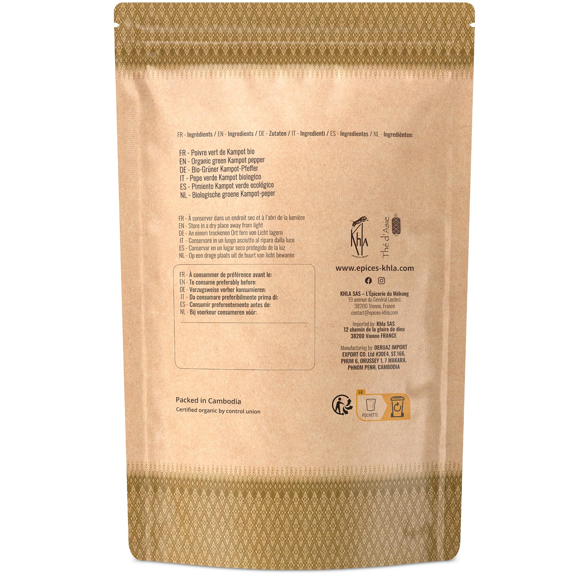 Khla - Poivre Vert Frais de Kampot Certifié Bio 500 g - Sachet Poivre en Grains Biologique - Grand Cru, Aromatique & Végétal - Direct Producteur - Apéritif, Sauces - Origine Cambodge