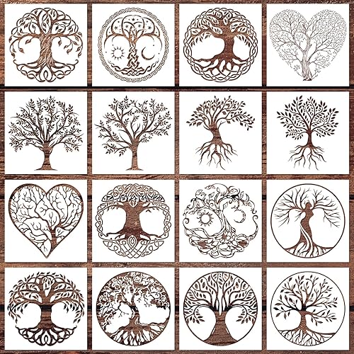 16 Pcs Tree of Life Stencils for Painting, 6x6 Inch