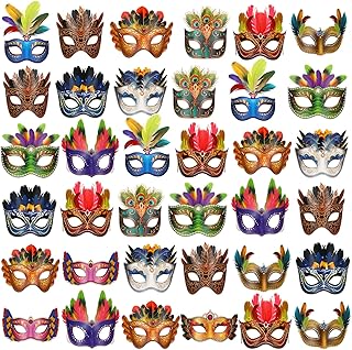 Jerify 48 Pcs Mardi Gras Masks Bulk Paper Carnival Masquerade Feathers Masks Carnival Parade Cosplay Facemask New Orleans Venetian Prom Costume Facemask for Women Adults Costume Party Favors Supplies
