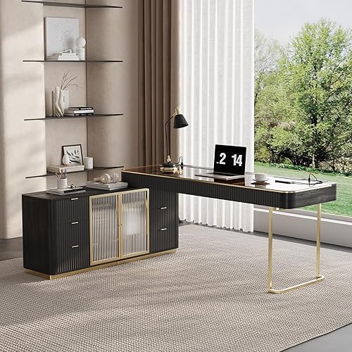 Miniatura 3 de Escritorio de oficina de lujo de 71 pulgadas, escritorio para computadora, escritorio ejecutivo en forma de L, tomas de corriente integradas, mesa