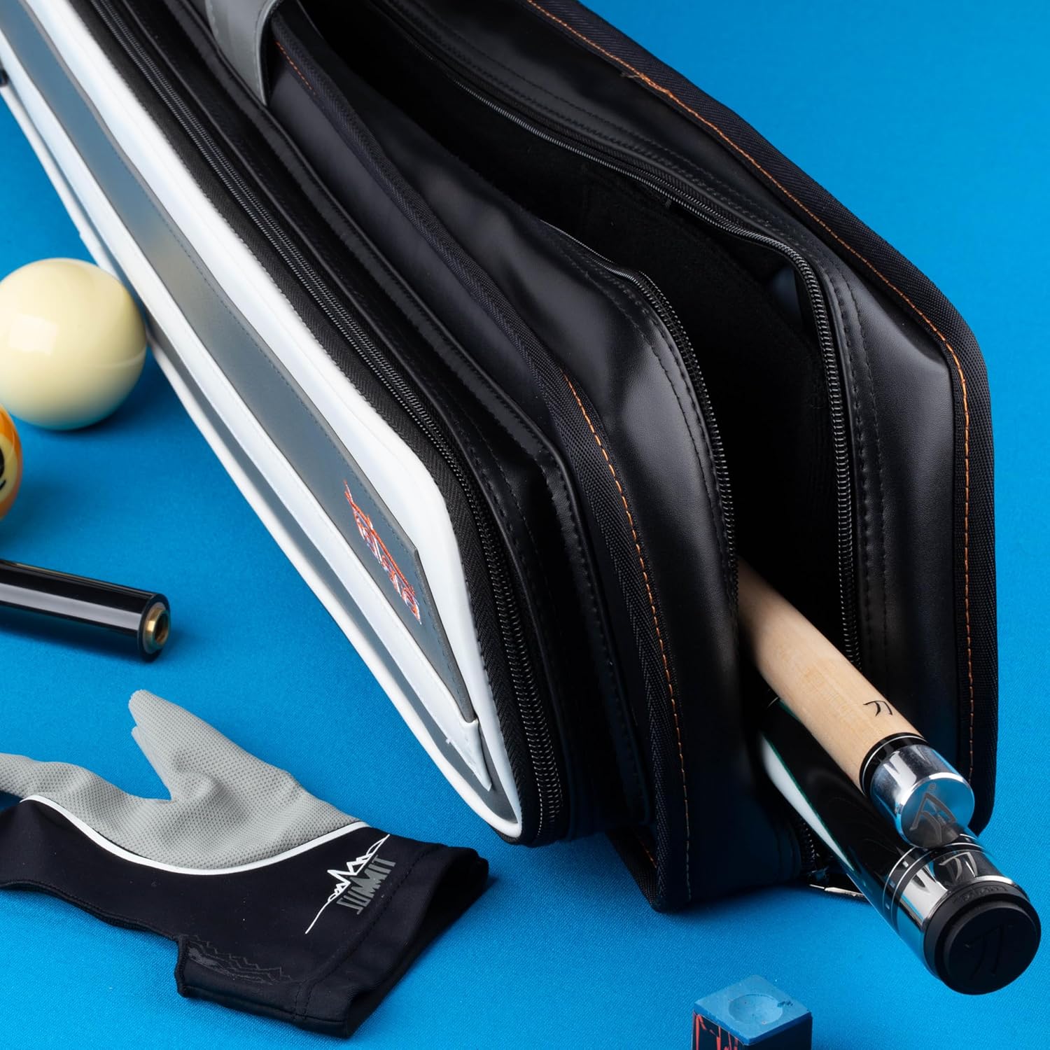 Katana 4 Butts x 8 Shafts Soft Pool Cue Case - White and Grey Stripe with Orange Katana Logo