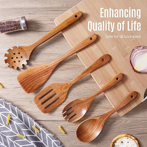 Miniatura 7 de MULBOM Juego de 5 cucharas de madera para cocinar, utensilios de cocina de teca natural, superficie antiadherente lisa, juego de utensilios de