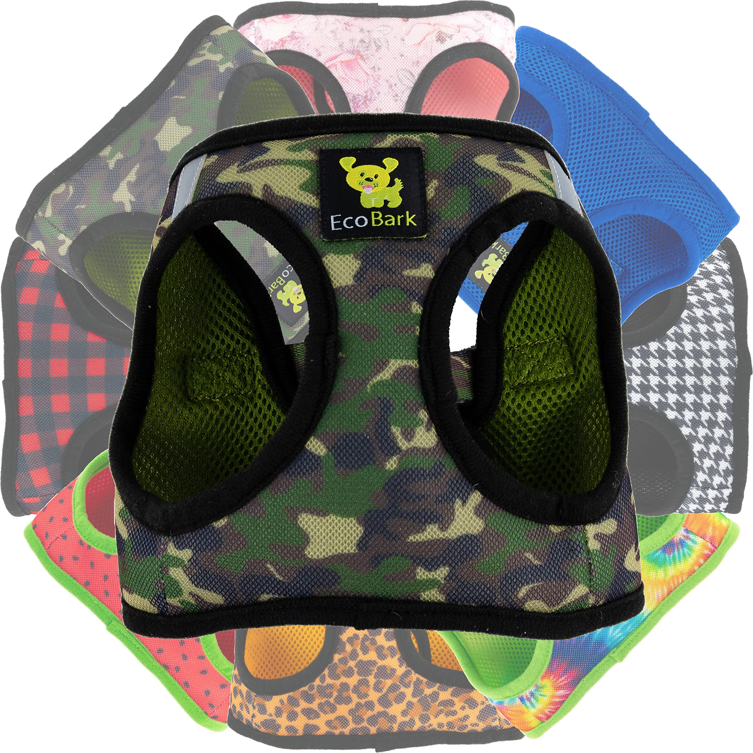 EcoBark Step in Dog Harness - Eco-Friendly Teacup Dog Harnesses for XXS, XS, and Small Dogs - Reflective and Adjustable Mini Body Halter Vest -Tiny Soft Mesh Toy Breed Harness Under 5 lbs (XXXS, Camo)