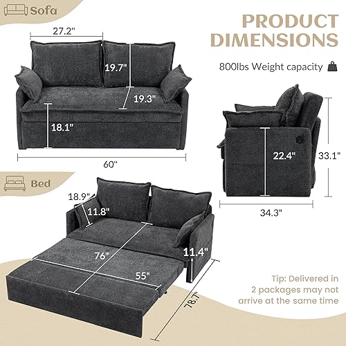 Miniatura 3 de SUNWAVE Sofá cama extraíble tamaño Queen de 60 pulgadas, sofá cama convertible con puertos USB, bolsillos laterales, sofá biplaza de pana para sala