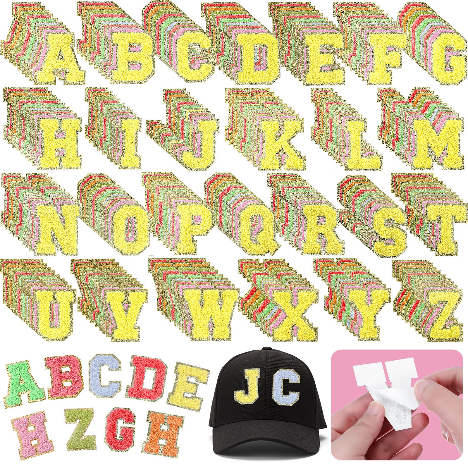 234 Pieces Self Adhesive Chenille Letter Patches 2.56 Inch Gold Glitter Border Alphabet Stick on Patches for Fabric Clothing Repairing DIY Craft Decoration (Bright Color)
