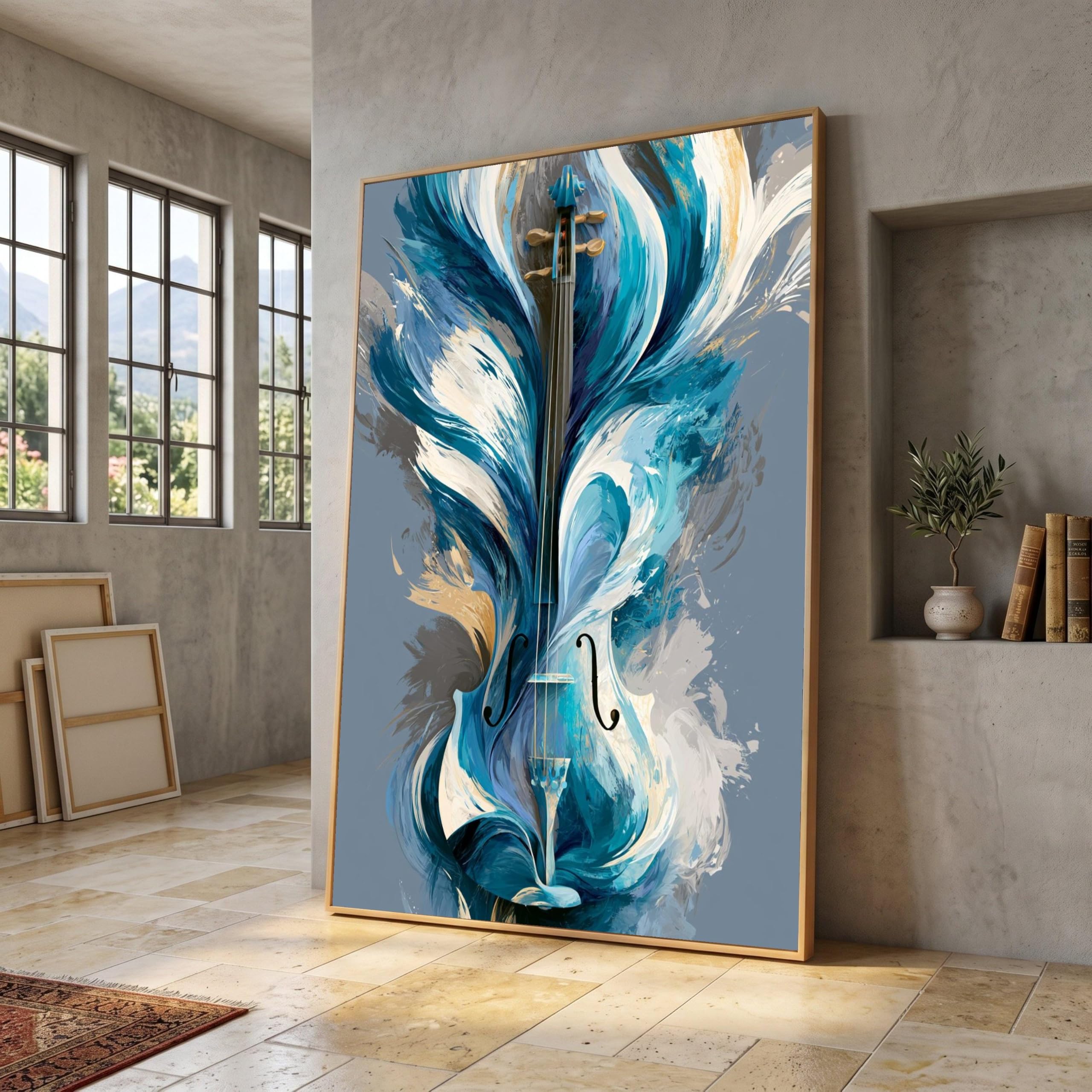 Tongyinli Internal Frame Abstract Blue Violin Painting Canvas Art, Musical Instrument Posters Wall Decor Artwork(70X110cm/Internal Frame)
