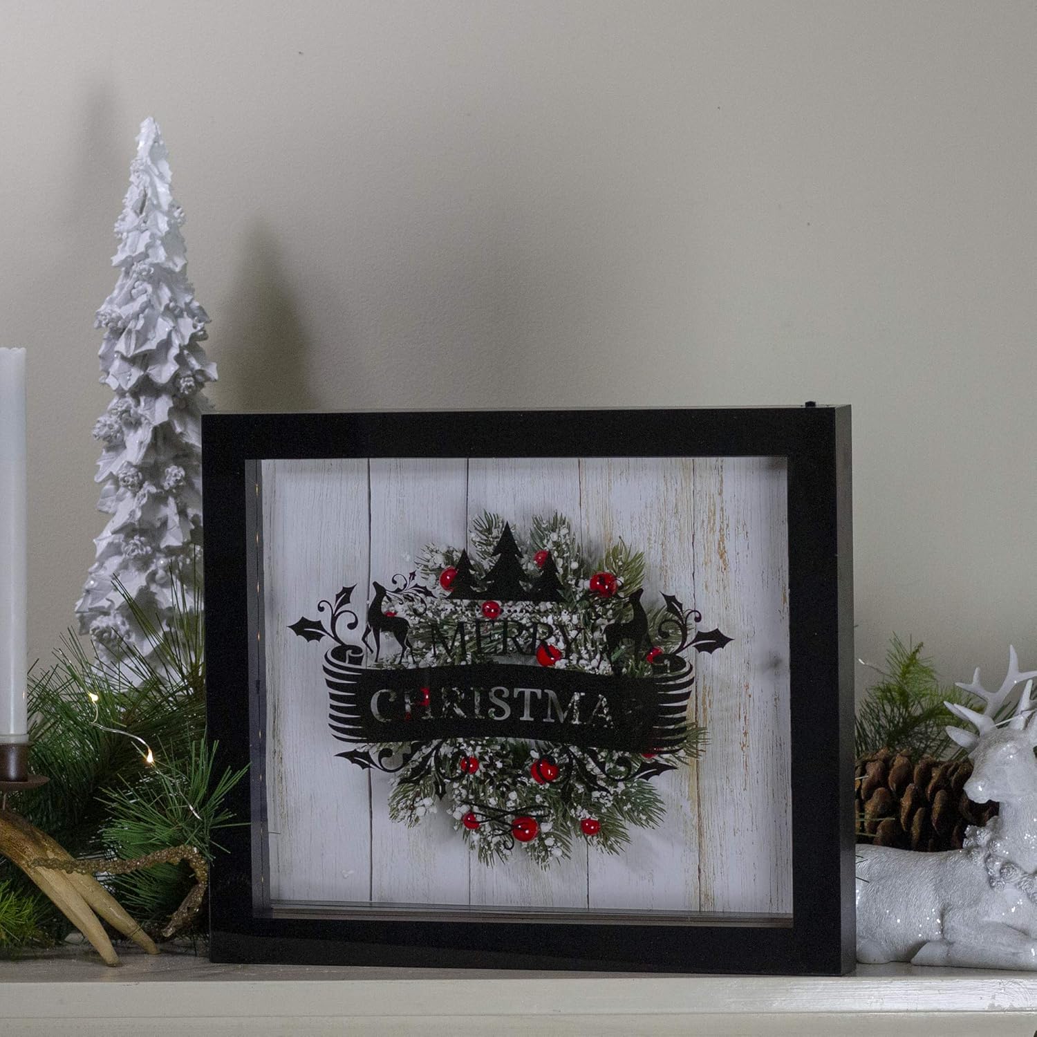LED Lighted Framed Wreath Merry Christmas Box Wall Art Decoration - 14" - Black