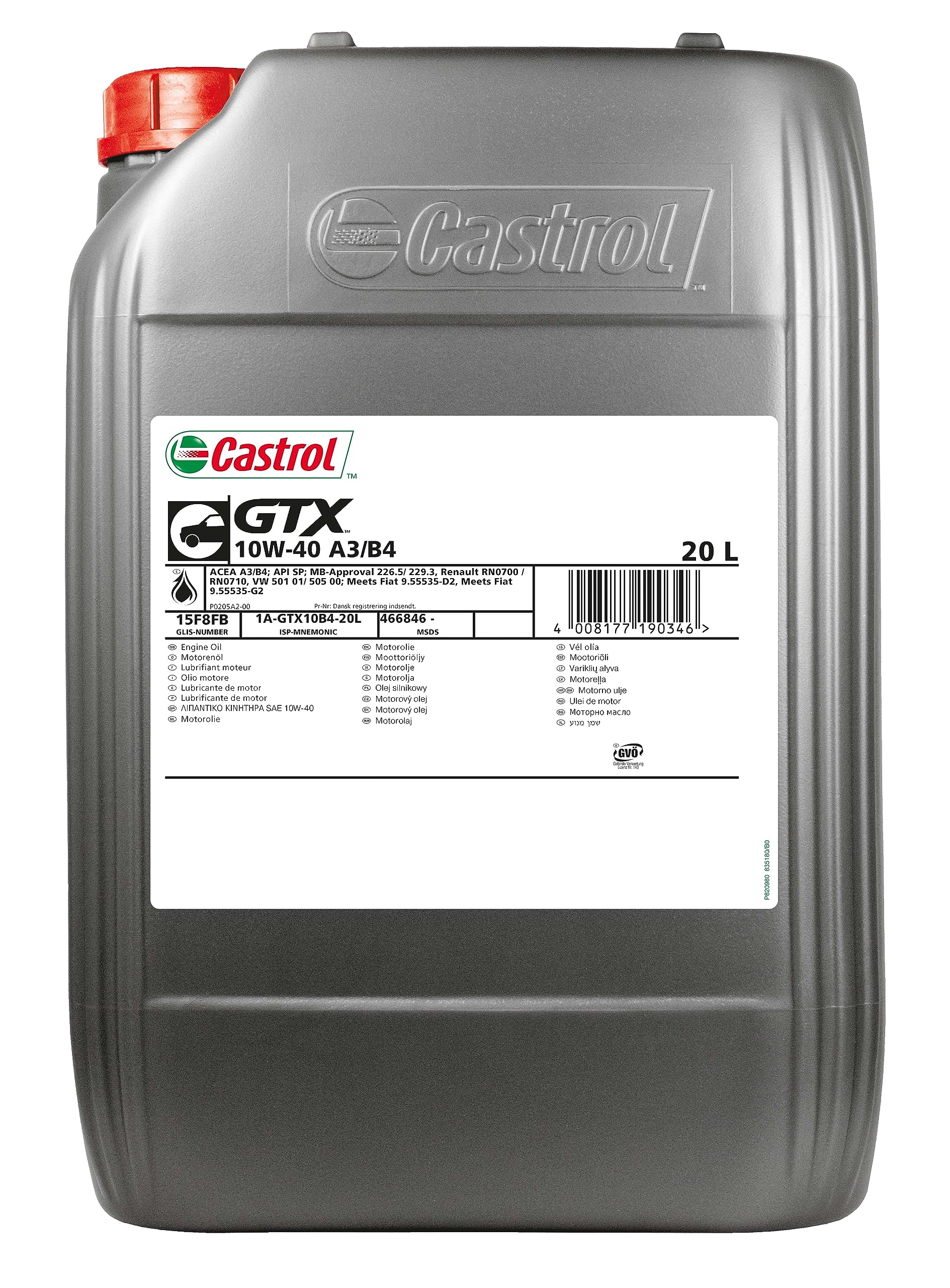 CASTROL Aceite de motor 10W-40 GTX aceite parcialmente sintético ACEA A3/B4 API SP A3/B4 20L Compatible con SKODA Fabia II Combi 545, RENAULT Megane 3 Grandtour KZ0/1 Clio 4 Grandtour KH