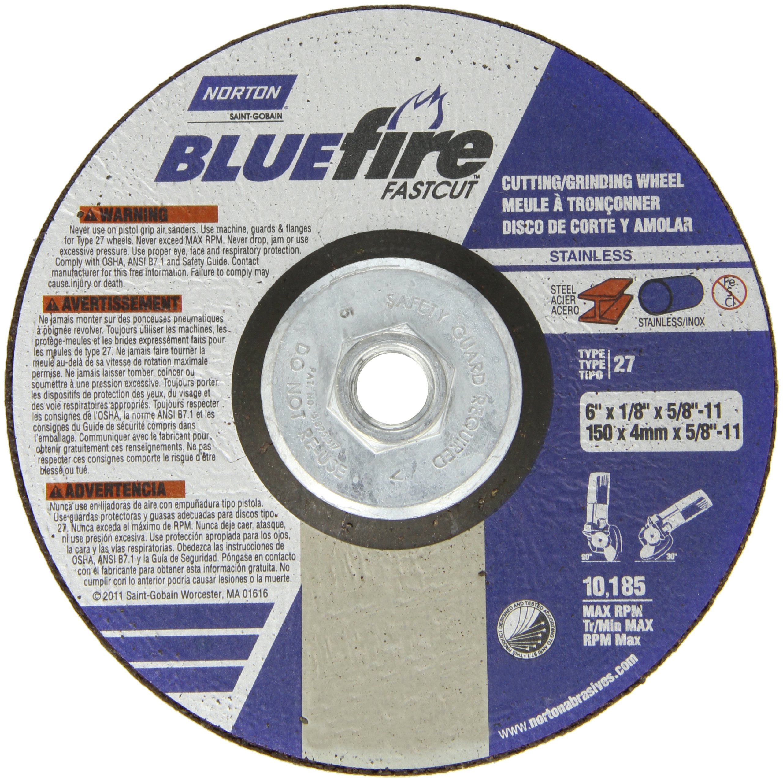 Norton Blue Fire Plus Fast Cut Depressed Center Abrasive Wheel, Type 27, Zirconia Alumina and Aluminum Oxide, 5/8