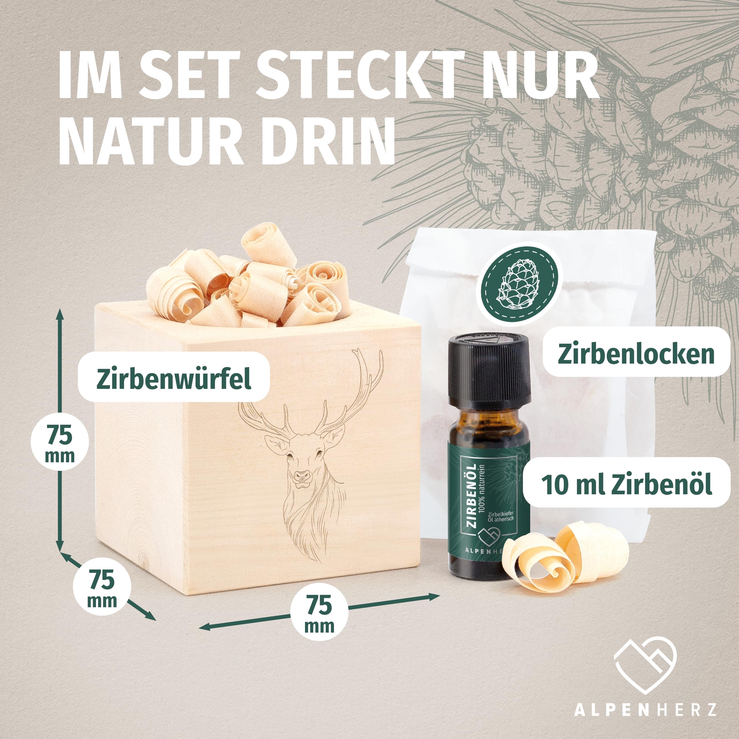 Alpenherz Zirbenwürfel Set - Zirbenöl 10 ml naturrein aus Österreich - Zirbenholz Würfel Duftspender Zirben Duft Holz Deko Zirbe Jäger Geschenke Zirbelkiefer Zirbenset (Hirsch)