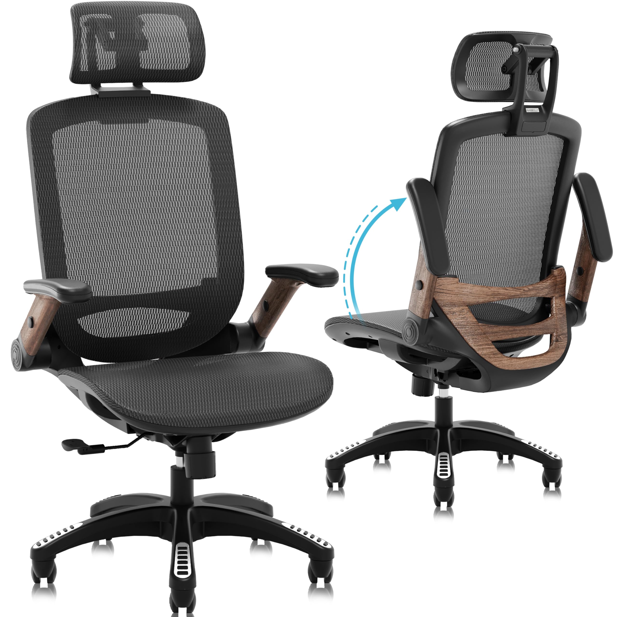 GABRYLLY Ergonomic Office Chair, High Back Home Desk Chair with Headrest, Flip-Up Arms, 90-120° Tilt Lock and Wide Cushion, Big and Tall Mesh Chairs for Man Woman, Black Task Chair(Dark Woodgrain)