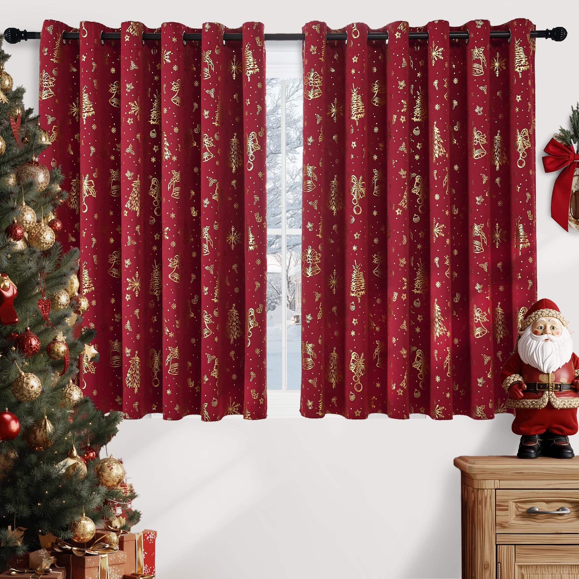 PONY DANCE Christmas Curtains with Gold Foil Printed - Eyelet Blackout Thermal Insulated Curtains for Bedroom, Christmas Snowflake & Bell Design, 90x54 Inches, Set of 2 Panels โ image 1