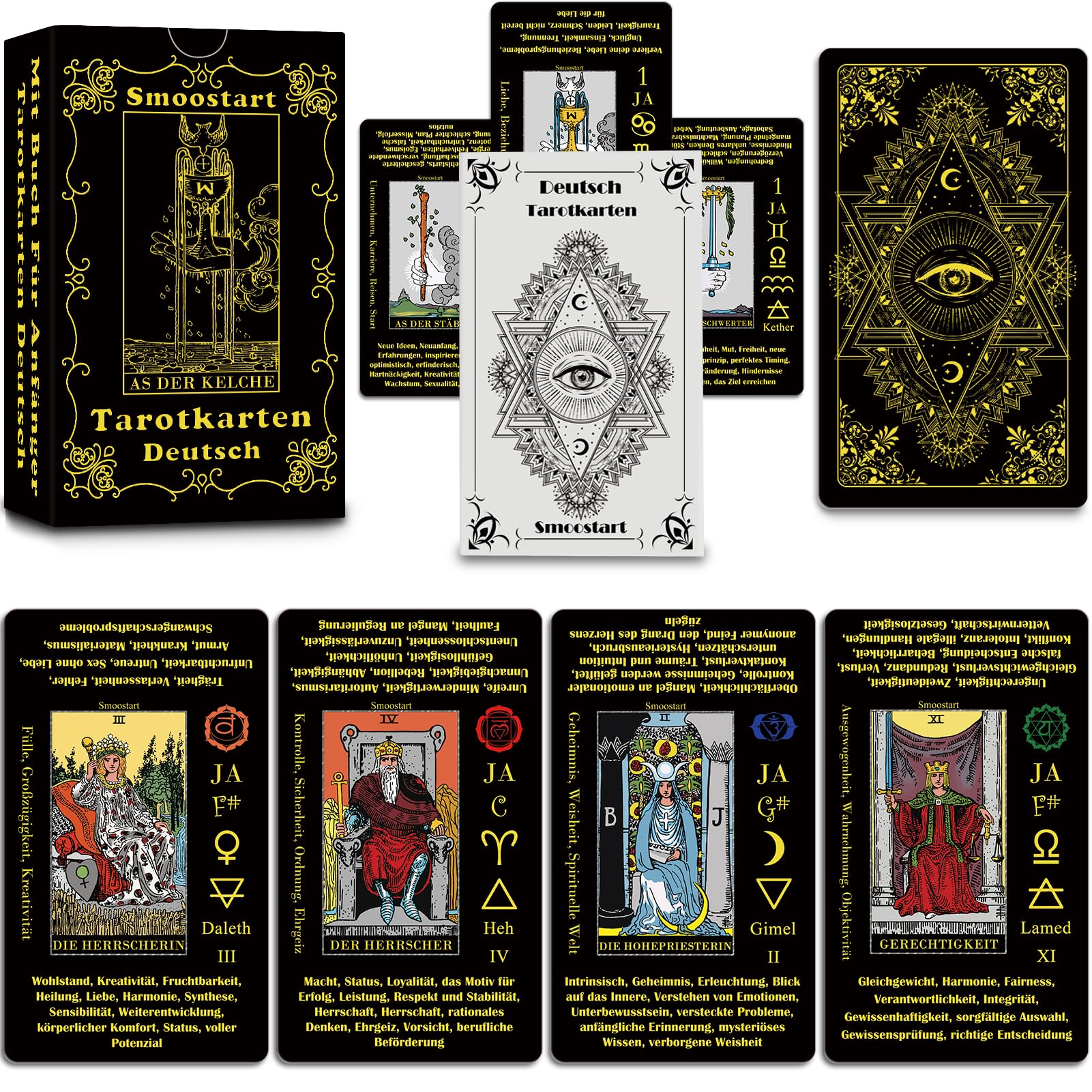 Smoostart Tarotkarten Deutsch Mit Bedeutungen, Holografische Tarotkarten Für Anfänger Mit Leitfaden, Schlüsselwörter, Element, Planet, Chakra, Ja Oder Nein, Musikalische Tonhöhe, Numerologie