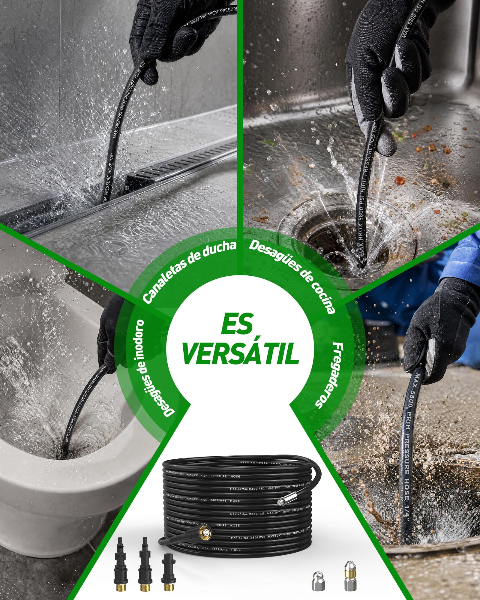 15M Manguera Desatascador Tuberias a Presion para Kärcher, Lavor, Bosch | 180Bar Kit Limpieza Tuberías, 2 Boquillas Fijas+Giratorias, para Hidrolimpiadoras Kärcher K2 K3 K4 K5 K6 K7 HD HDS y Parkside