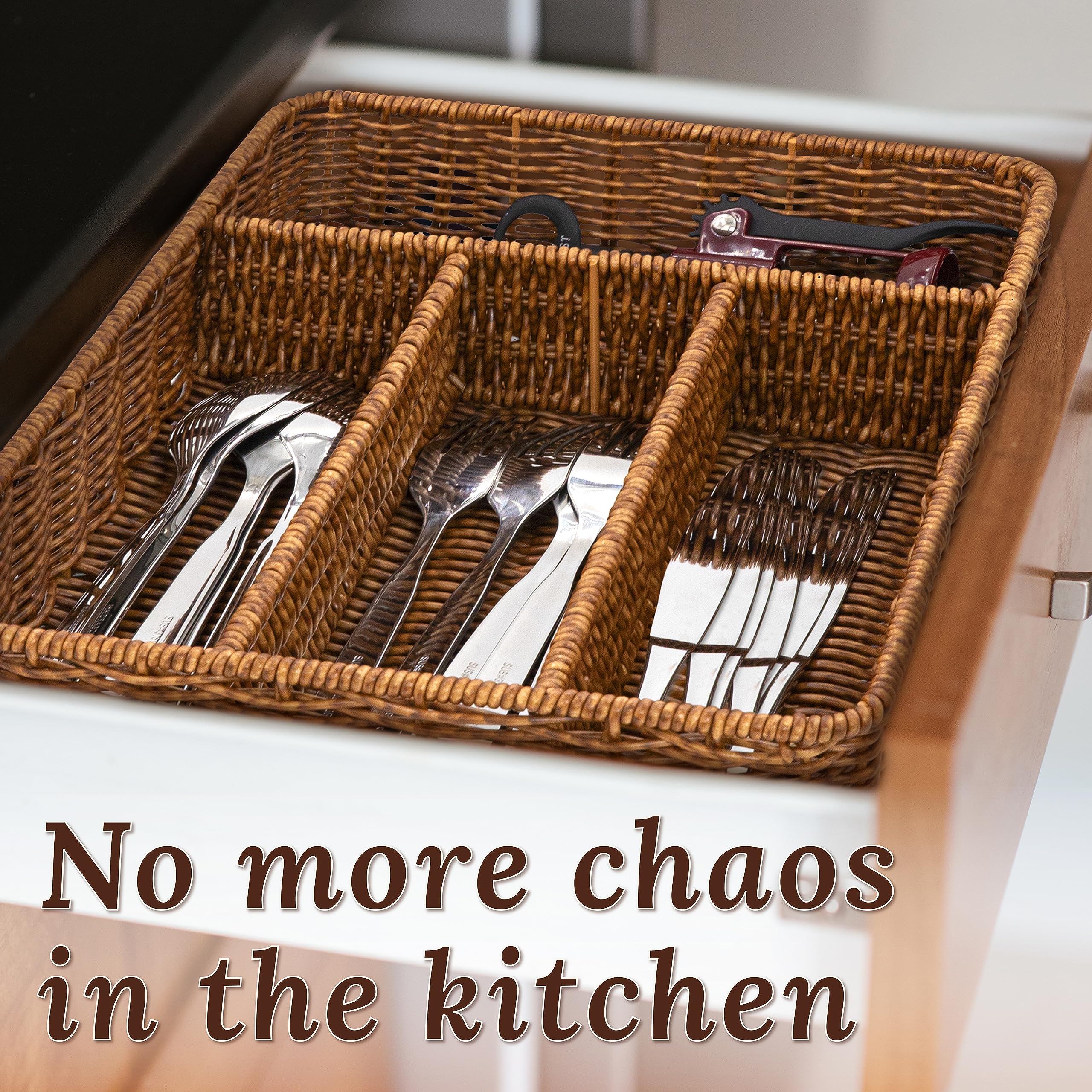 WeeNest Organizador de cajones de cubiertos, organizador de cajones de utensilios, organizador de utensilios de cocina, organizador de cubiertos para cajón, artículos esenciales de cocina, caramelo