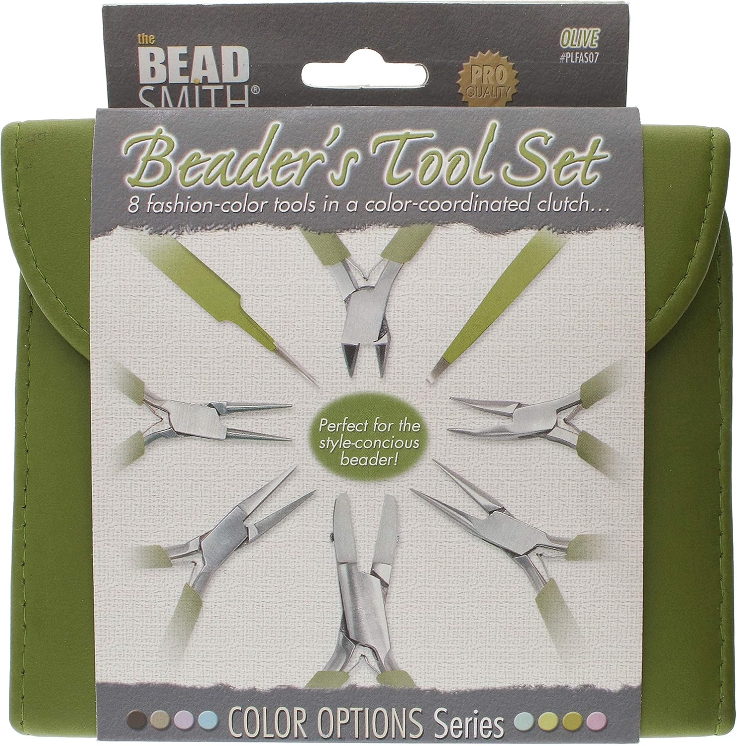 The Beadsmith Fashion Color Pliers – Set of 8 Slimline Color-Coordinated Tools – Matching Clutch in Olive – Jewelry Making Supply Kit to Create Necklaces, Bracelets, Earrings & More