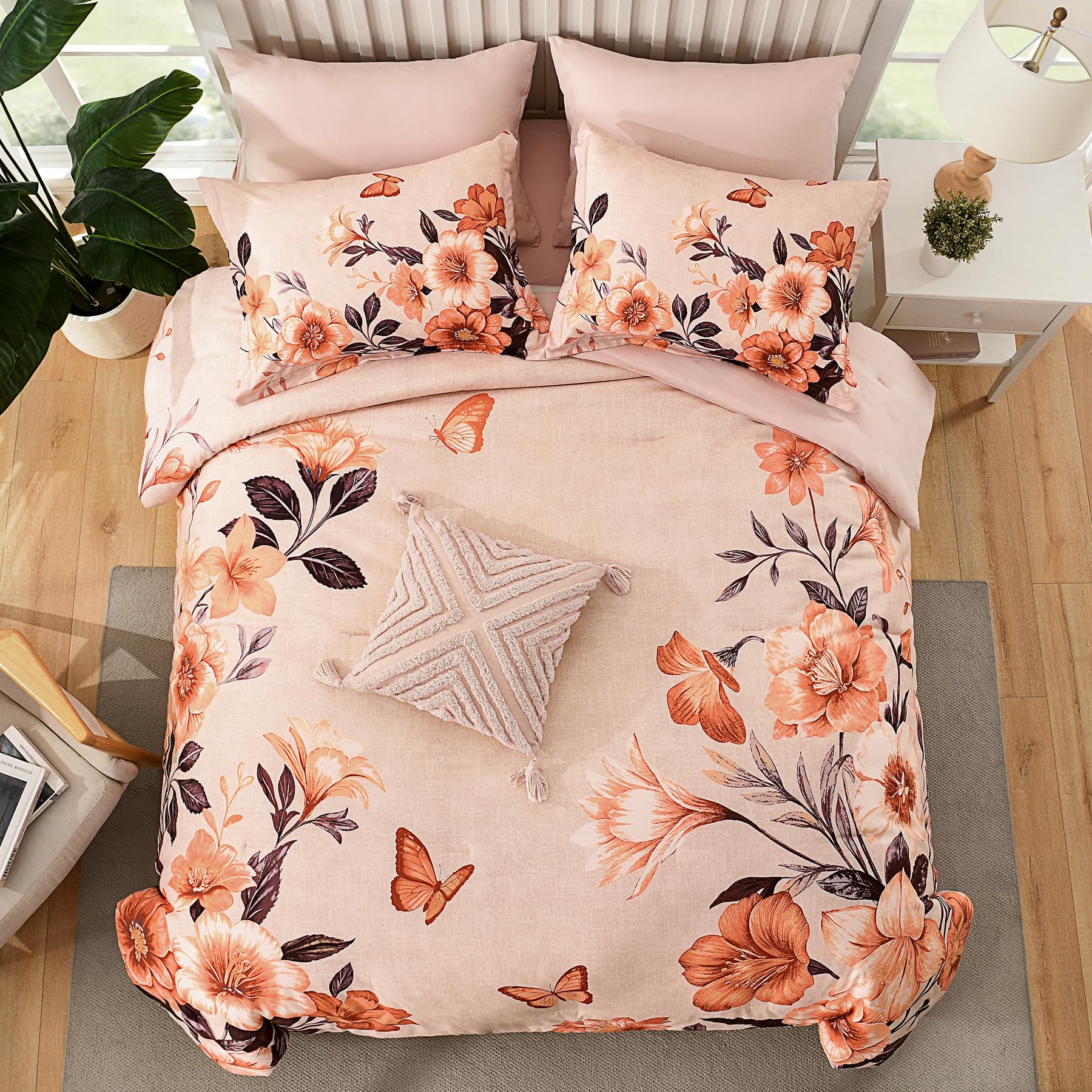 Juego de edredón floral tamaño King, 7 piezas de cama naranja en una bolsa, elegante juego de edredón con patrón de flores con sábana, juegos completos de microfibra suave para todas las 3