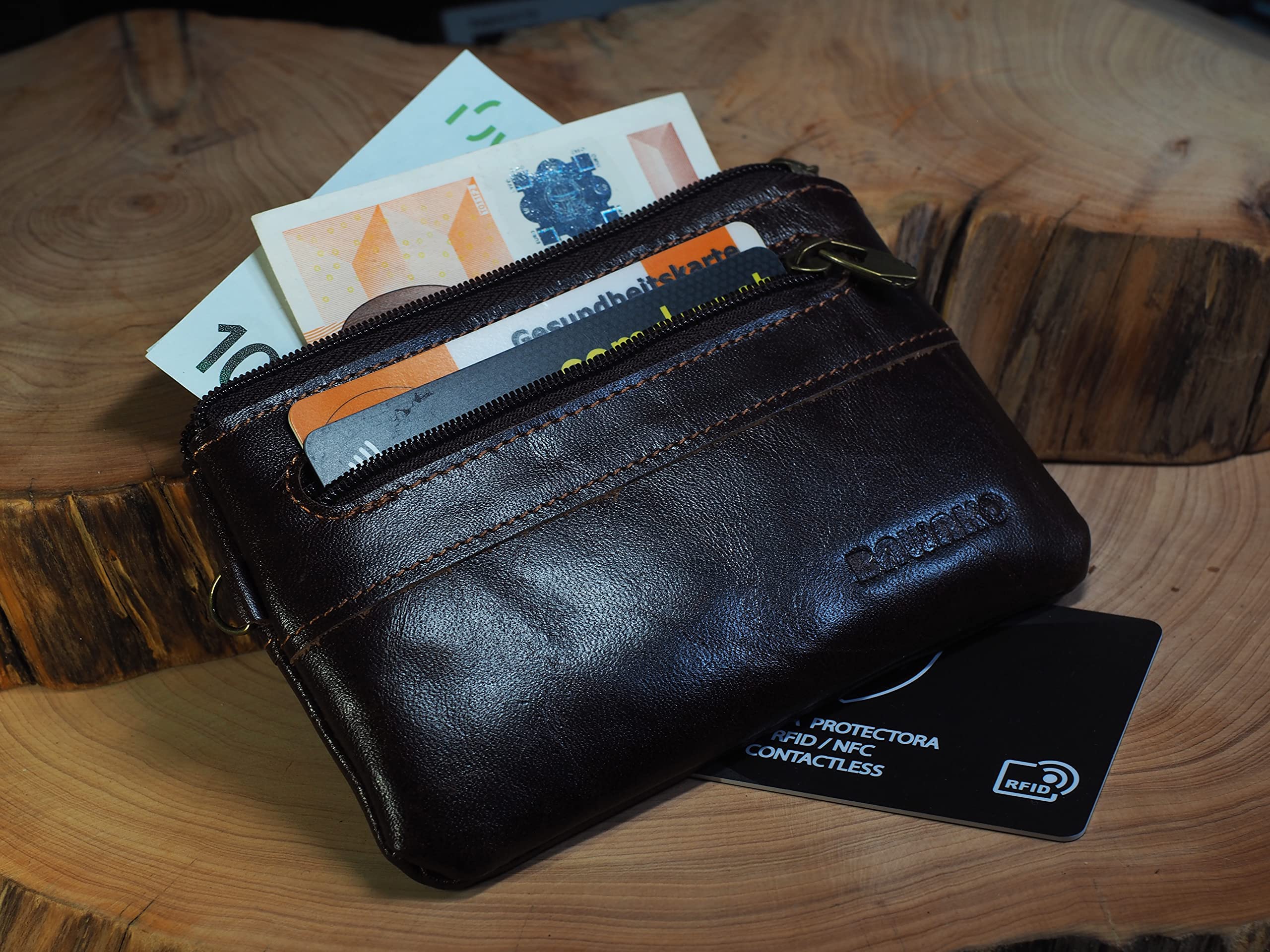 BAWAKO portachiavi grande 2 scomparti con cerniera vera pelle, bel portachiavi per donna uomo bambino, tasca chiave portafoglio piccolo compatto fatto a mano