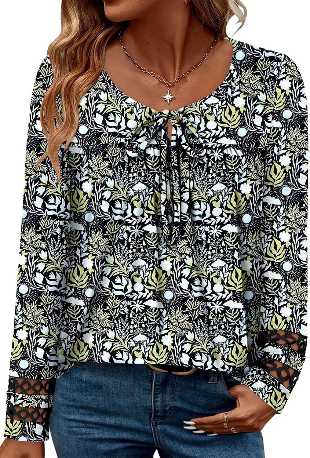 Magritta Womens Long Sleeve Tops 2025 Fall Keyhole-Tie Neck Pleated Tunic Blouses Dressy Casual Business Shirts