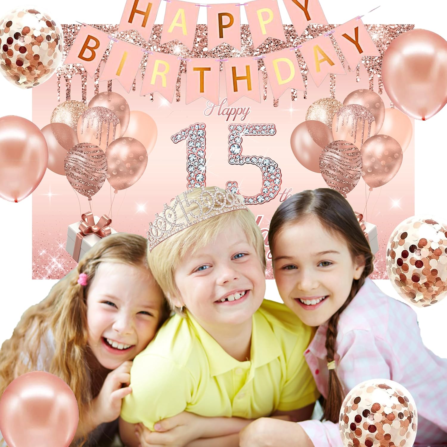 15th Birthday Decorations for Girls,Banner,Backdrop, it’s my 15th Birthday Sash, Sweet Rhinestone Tiara Crown,Balloons - Image 8