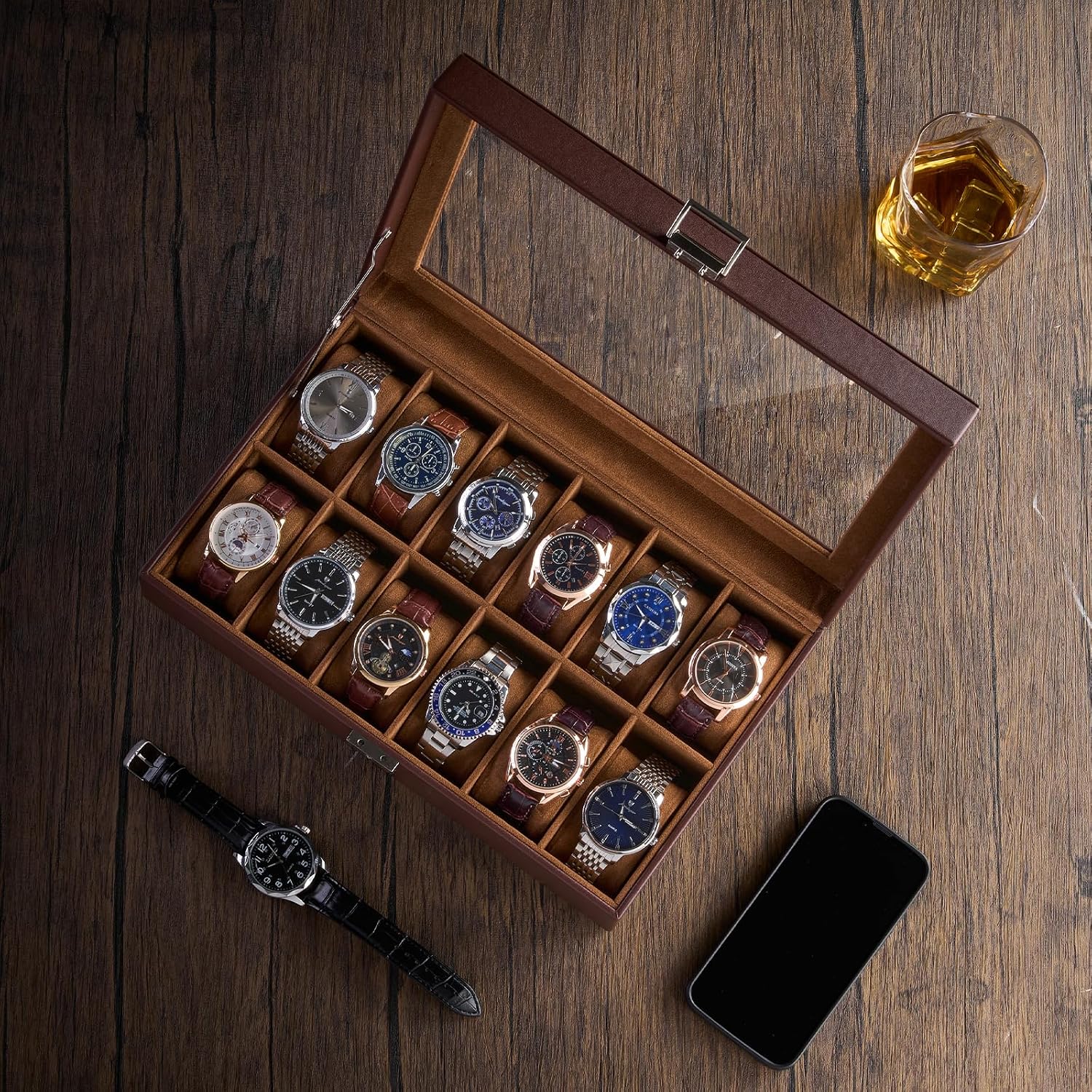 ProCase 12 Slot Watch Case Box for Men, PU leather Man Watch Organizer with Soft Pillow, Lockable Watch Collection Storage Holder with Glass Display Lid, Fathers Day Gift for Dad -Espresso