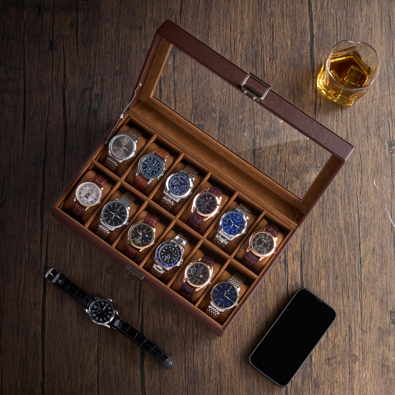 Estuche para relojes de 12 ranuras para hombre, organizador de relojes de cuero sintético con almohada suave, soporte de almacenamiento con cerradura y tapa de cristal, regalo para el Día de