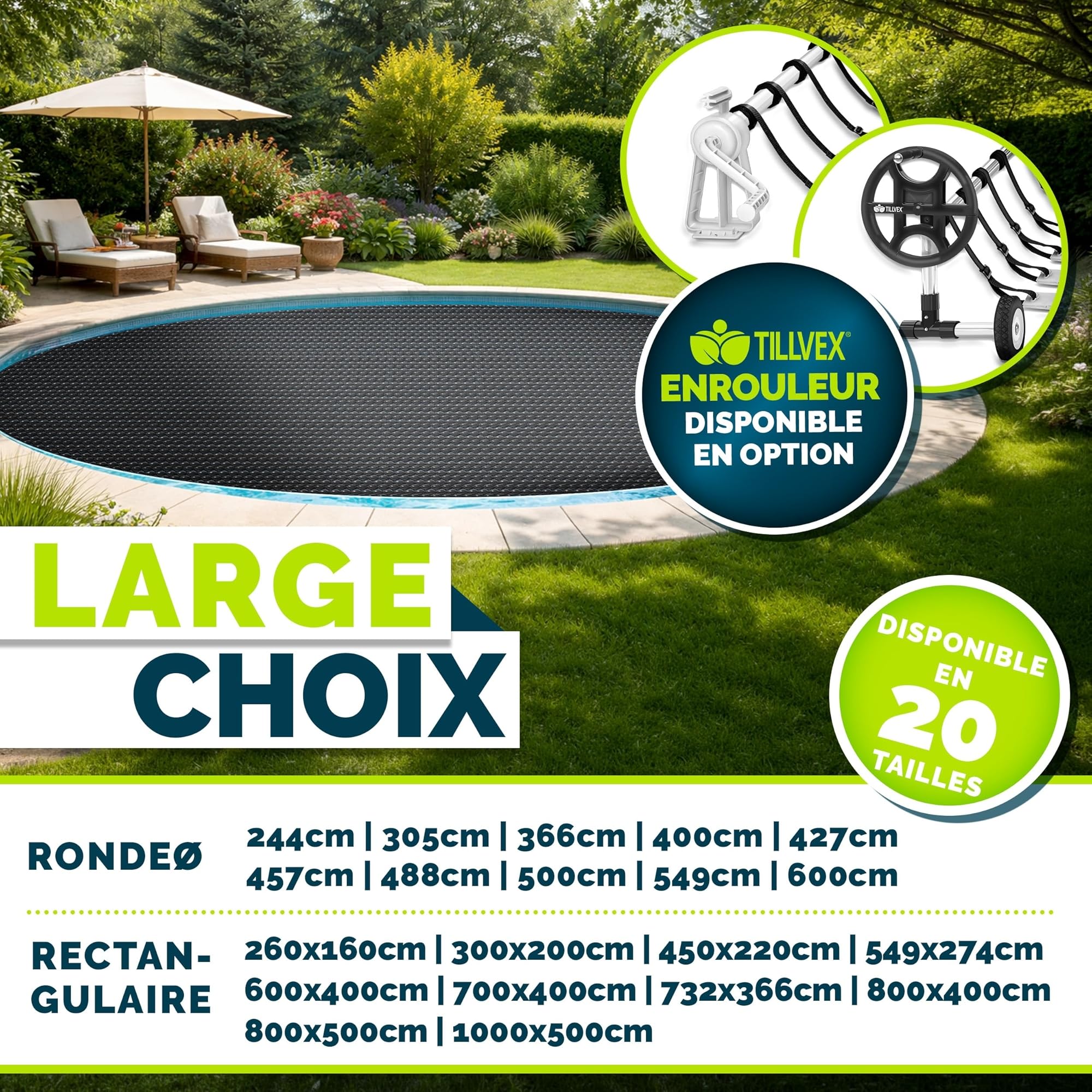 tillvex® Bâche solaire pour piscine de qualité supérieure - 400 µm - Rectangulaire - 450 x 220 cm - Découpable