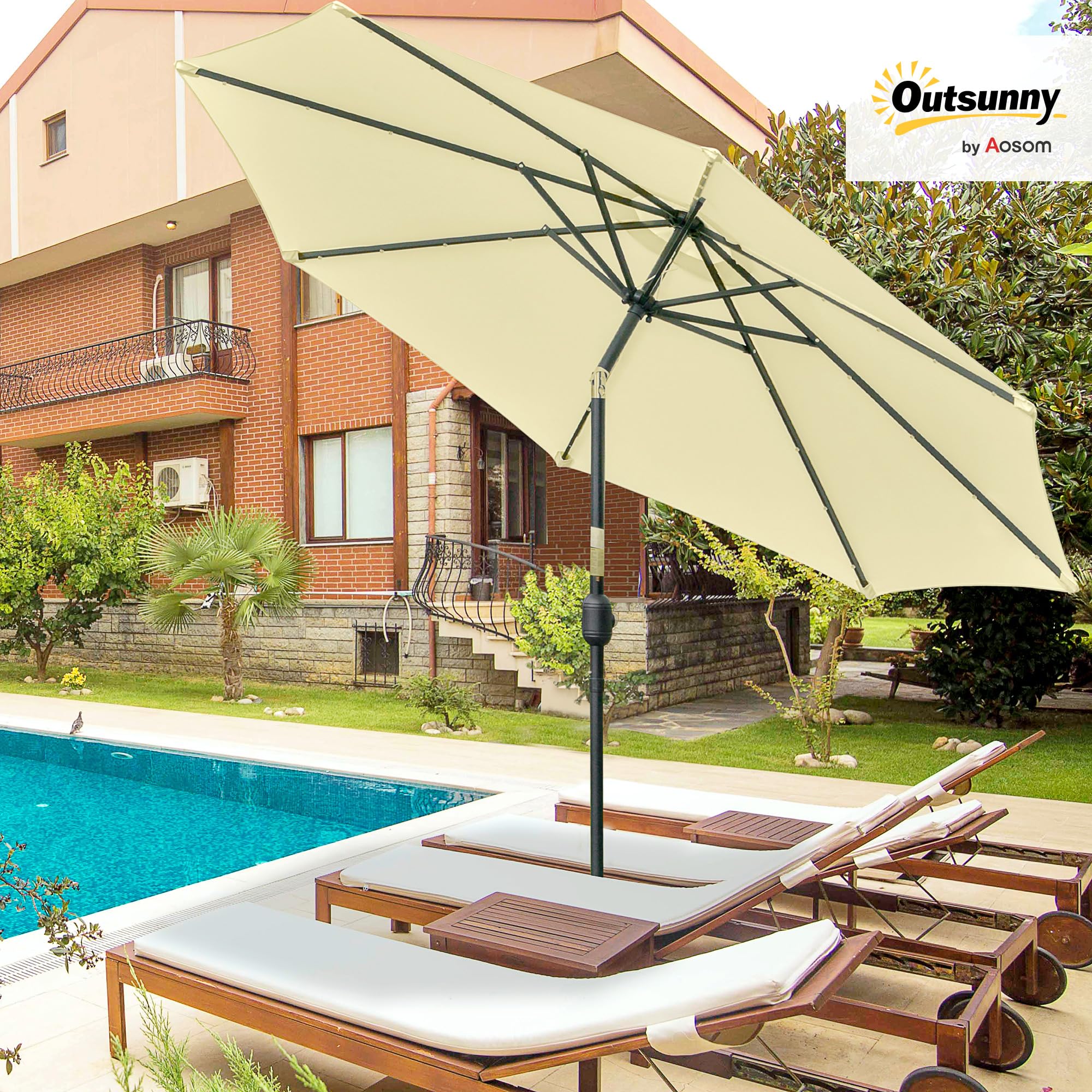 Outsunny Ombrellone da Giardino Inclinabile Ø265 cm con Manovella Beige | 32 Luci LED Solari, Ombrellone da Esterno, 8 Stecche, Acciaio e Poliestere, per Terrazza Balcone Patio