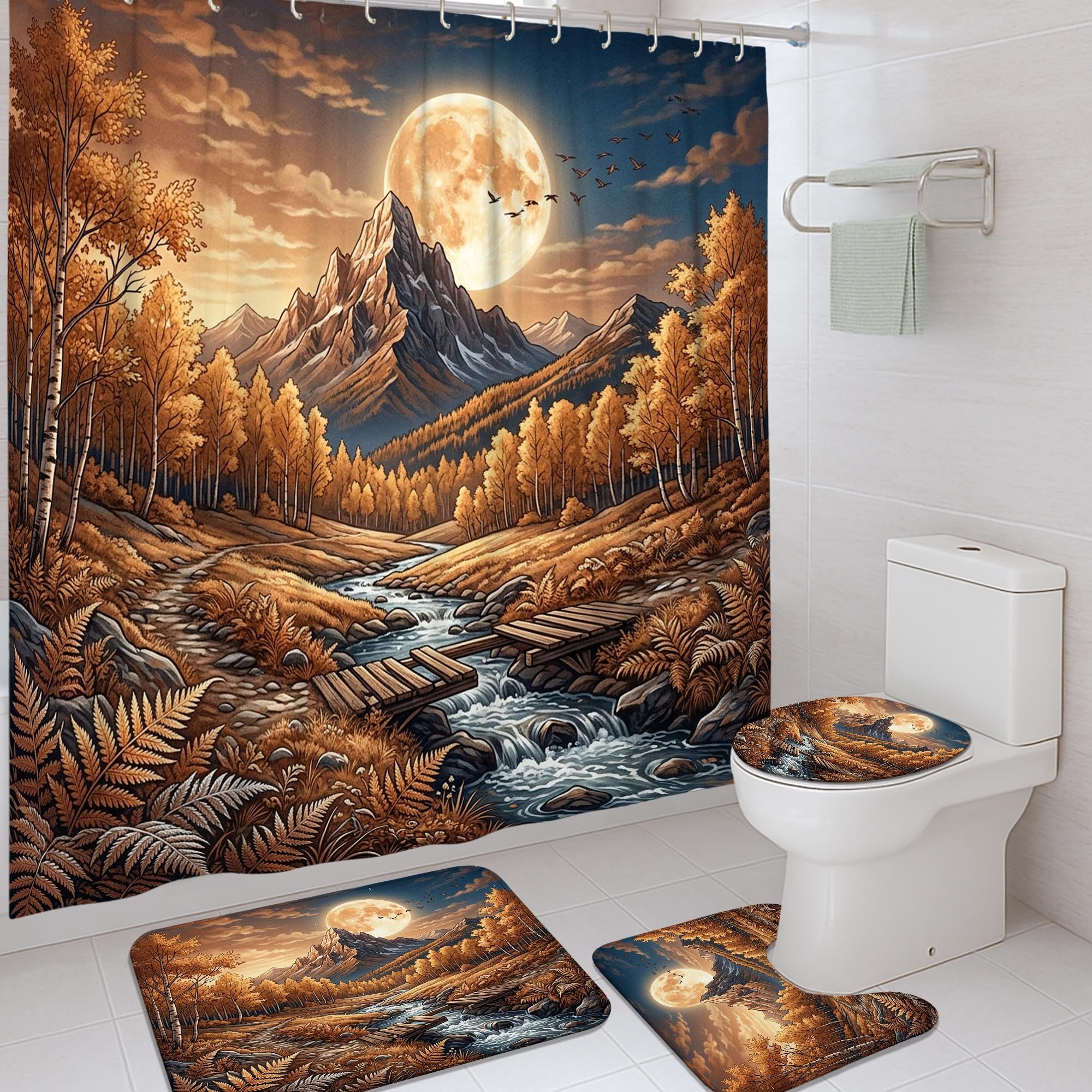 Rideau de douche nature et tapis pour salle de bain automne rustique