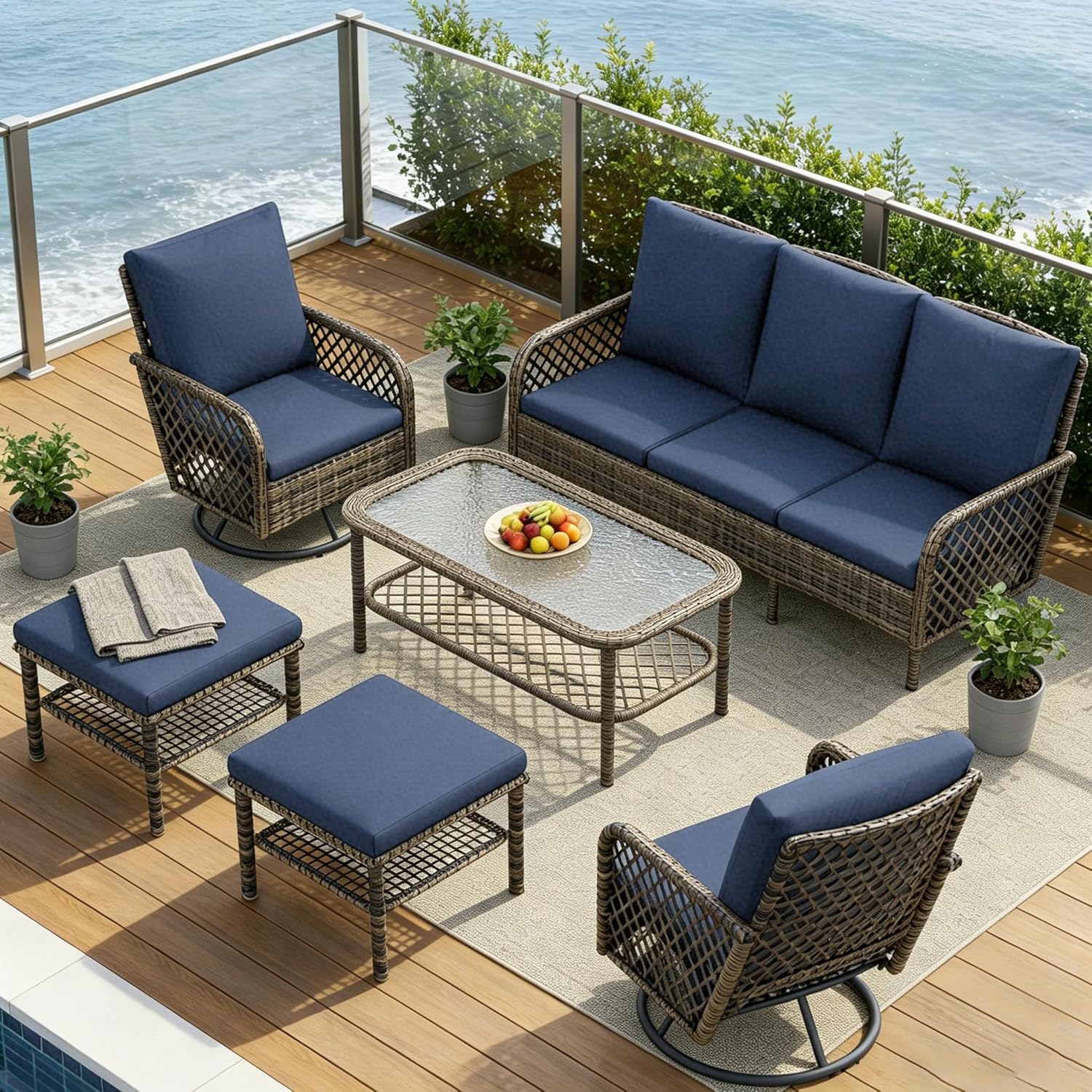 AECOJOY Patio Furniture Set Seats 7 Outdoor Sectional Sofa Couch, Outdoor Couch and High Back Swivel Rocker Patio Chairs with Ottoman, 6PCS Wicker Conversation Set for Deck Yard Poolside (Dark Blue)