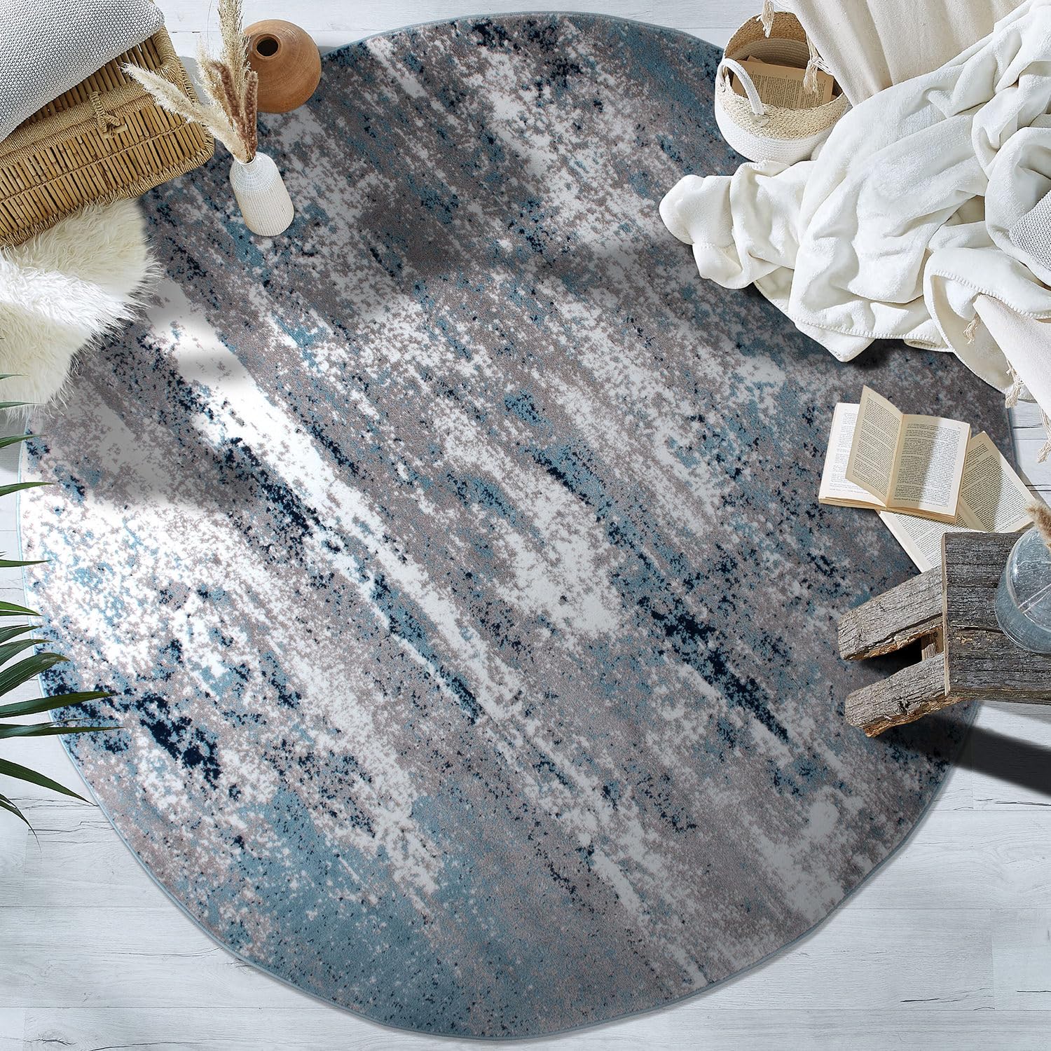 Rugshop Distressed Abstract Watercolor Round Area Rug 8' Blue