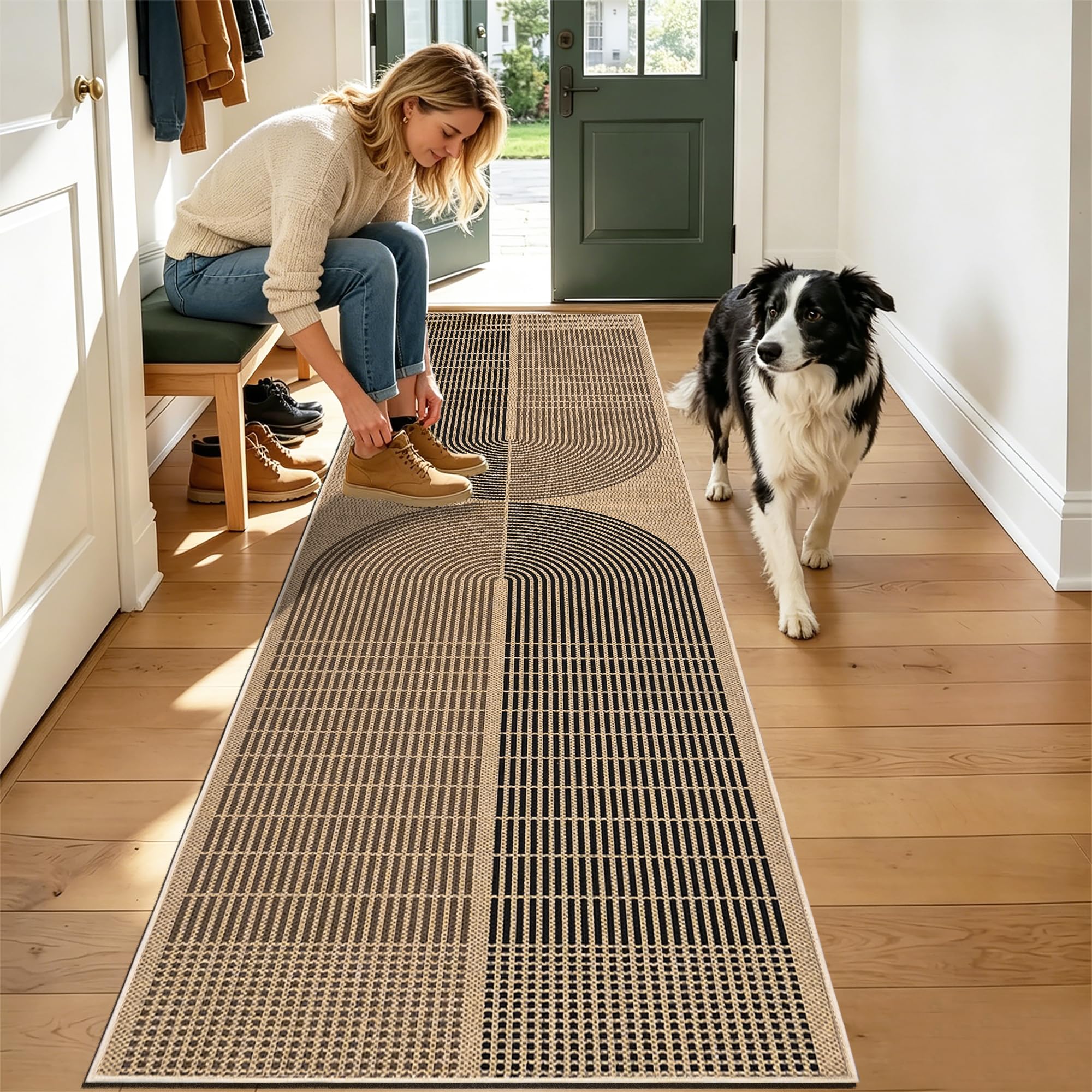 Teppich Läufer Flur 80x300cm Waschbar Teppich Braun Streifen