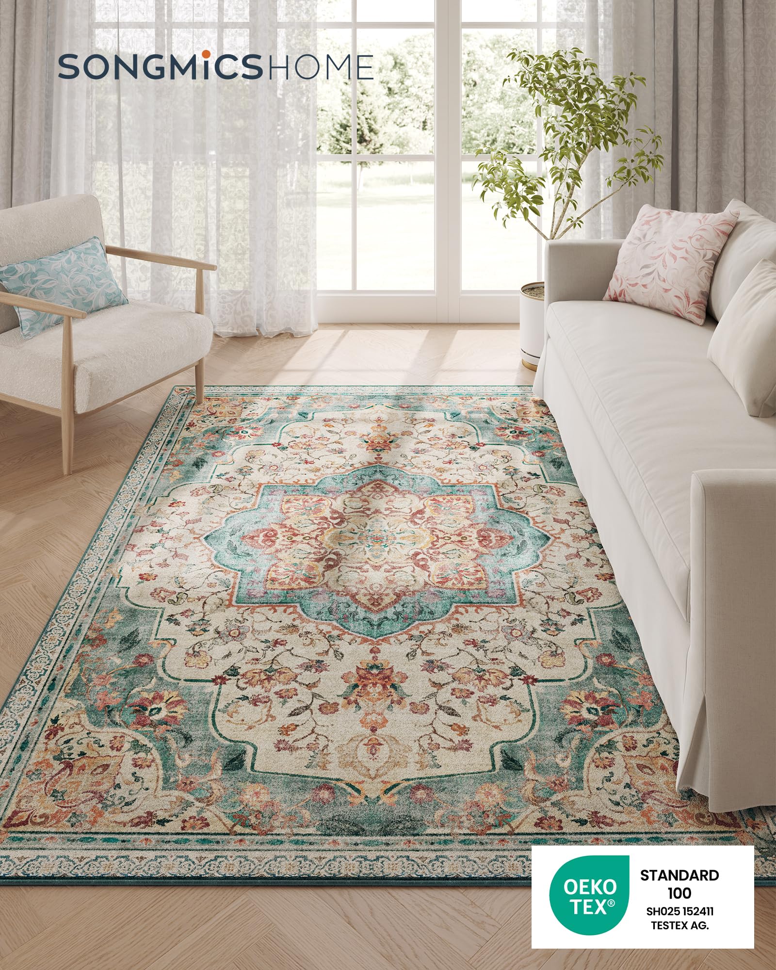 SONGMICS Vintage Teppich, 160 x 230 cm, Wohnzimmerteppich, Schlafzimmerteppich, Waschbarerteppich, Rutschfester Teppich, für Küche, Flur, Esszimmer, aquamarinblau TAR033Q01
