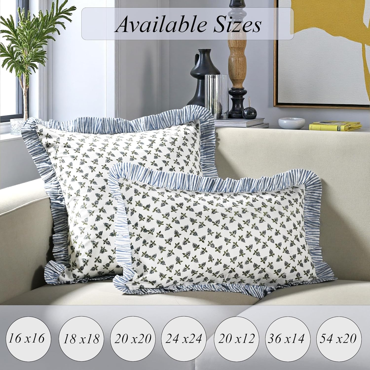 Ridhi Block Print Baby Blossoms Throw Pillow Cover 24" x 24" (Pack of 2) Decorative Cushion Covers with Ruffle for Couch, Sofa, Bed, Living Room, Home Decor Gift for Spring, Easter, Valentine