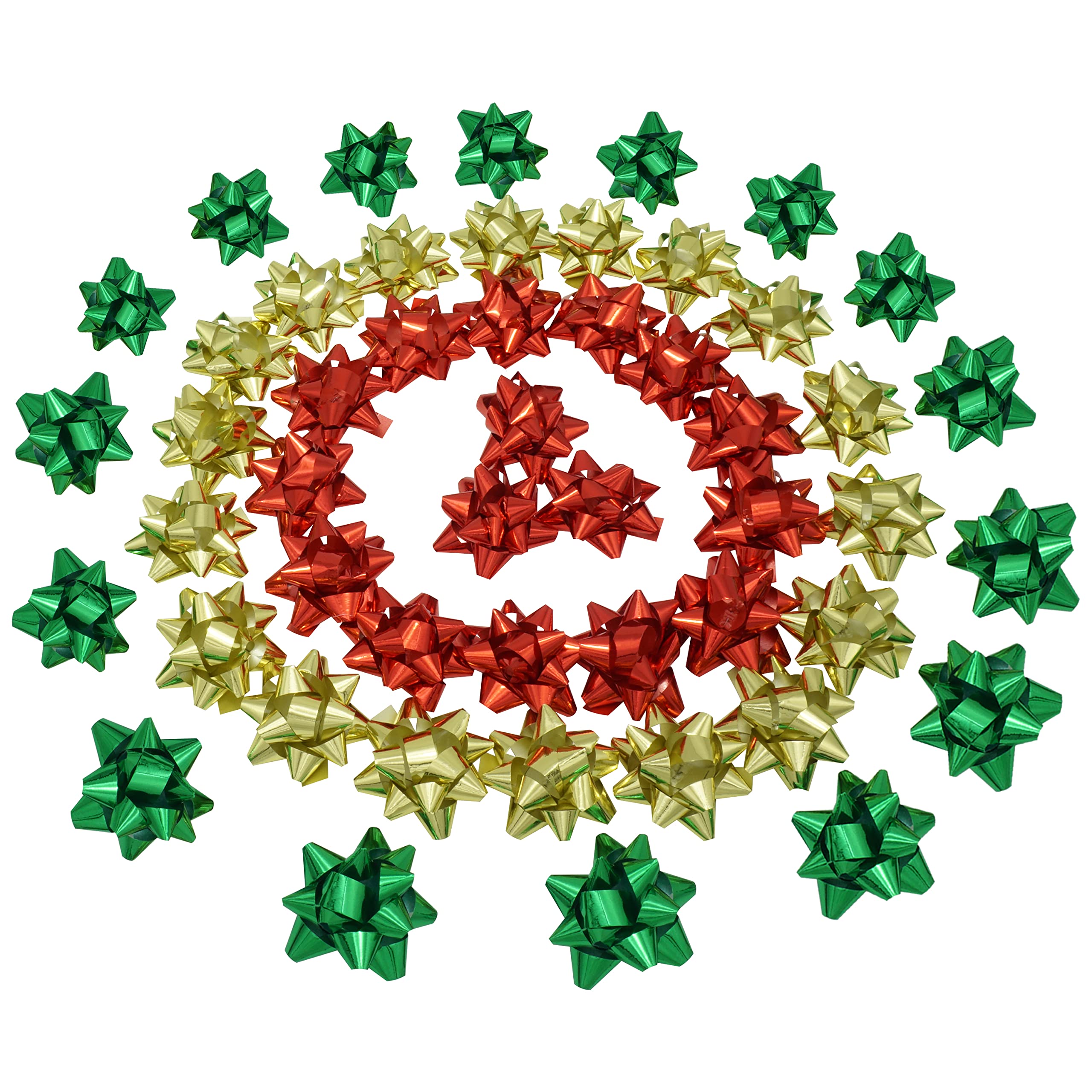 SRV Hub50PCs Red, Green & Gold Small Christmas Metallic Gift Bows Assortment, Self Adhesive Foil Metallic Bows For Christmas and Holidays