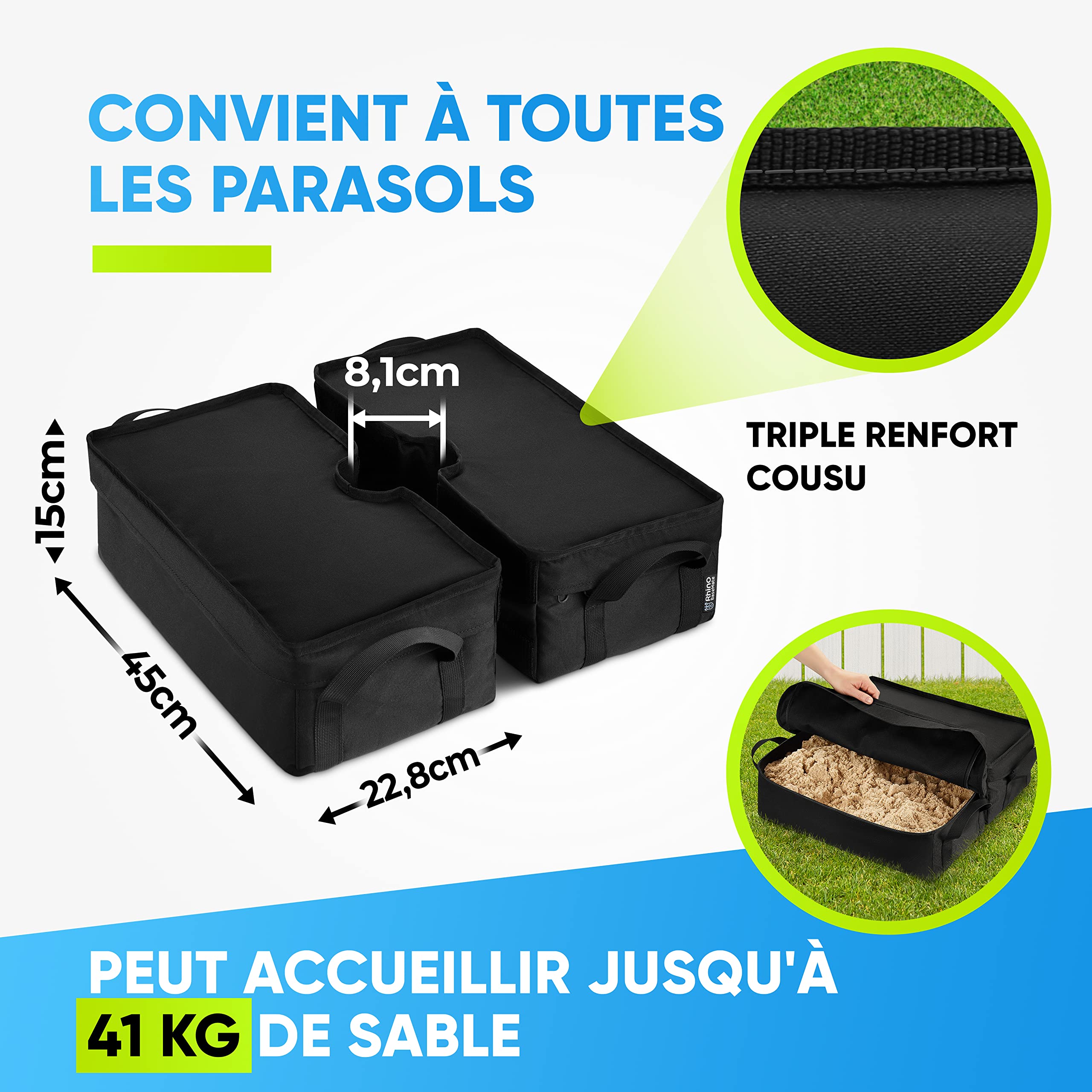 Rhino Poids de la base de parasol 45,7 cm ~ Poids de la base du parapluie s'adapte à tout décalage, porte-à-faux et tout support de parasol de terrasse d'extérieur ~ Facile à installer (amovible –