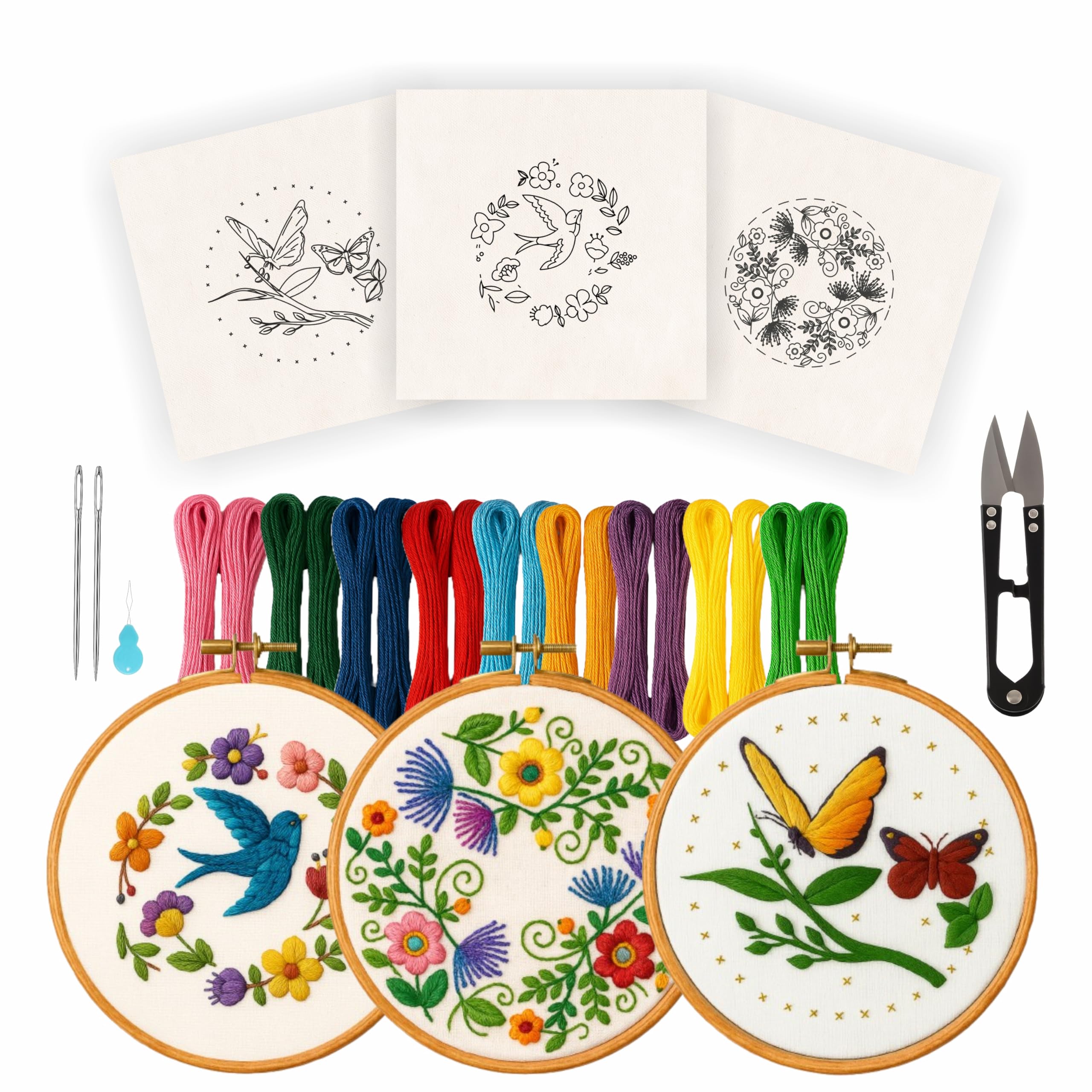 Nibras Embroidery Kit for Beginners – 3 Pre-Printed Designs with Hoop, Threads, Needles, Cutter & Instructions | DIY Hand Embroidery Starter Set for Adults & Kids | Art & Craft Hobby Kit, Multicolor-image-16
