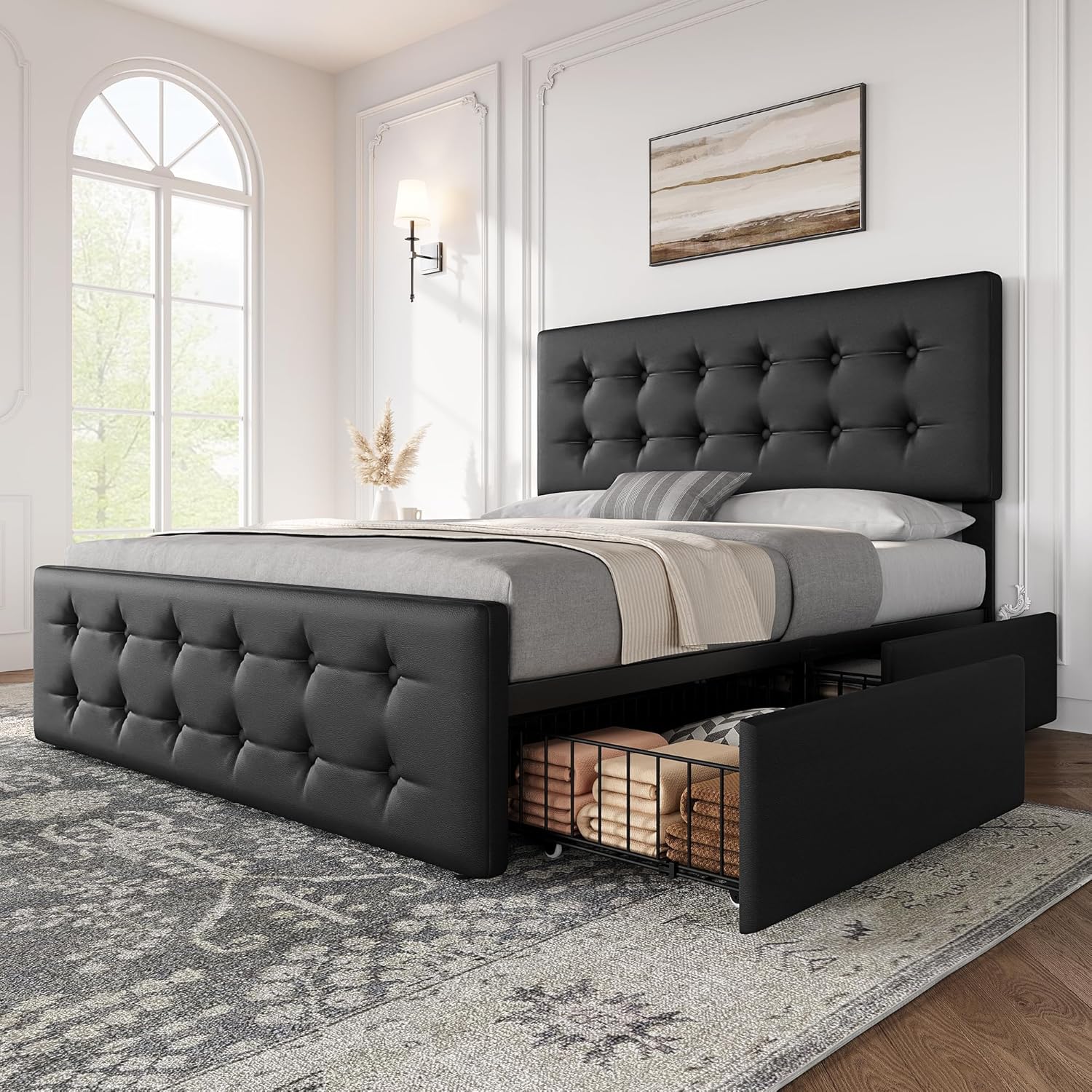 Garvee 4 Storage Drawers Full Size Bed Frame with Headboard, PU Upholstered Mattress Foundation with Skin-Frienly Linen, No Box Spring Needed, Dark Grey (Full)