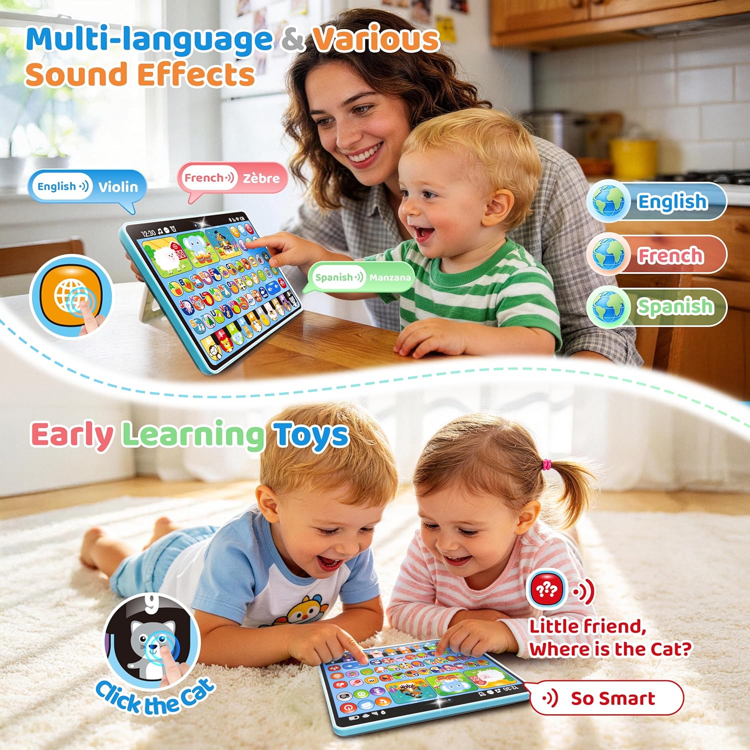 Toddler Learning Tablet Toys, Trilingual Educational Learning Tablet with 26 Keys (English, Spanish & French), Recording & Storytelling Speech Therapy Toys, Baby Tablet Musical Gifts for Toddlers 1-3