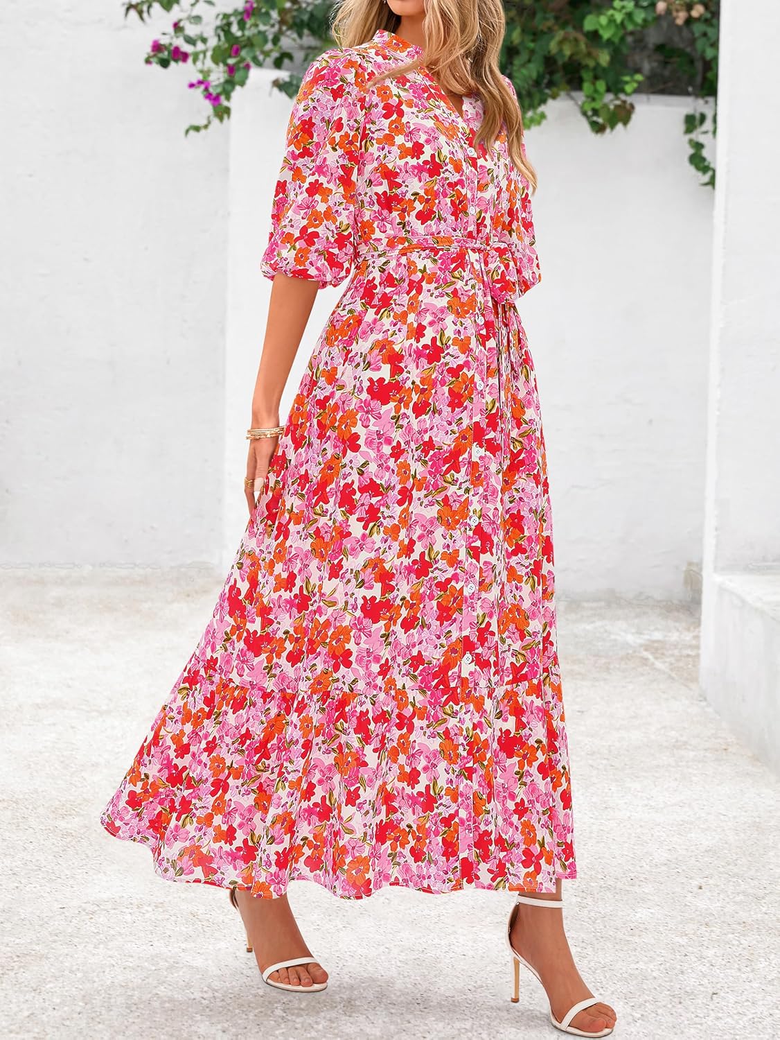 MASCOMODA Womens Floral Maxi Dresses Boho Summer Casual V Neck 3/4 Puff Sleeve Button Down Tie Waist Long Flowy Shirt Dress - Image 3