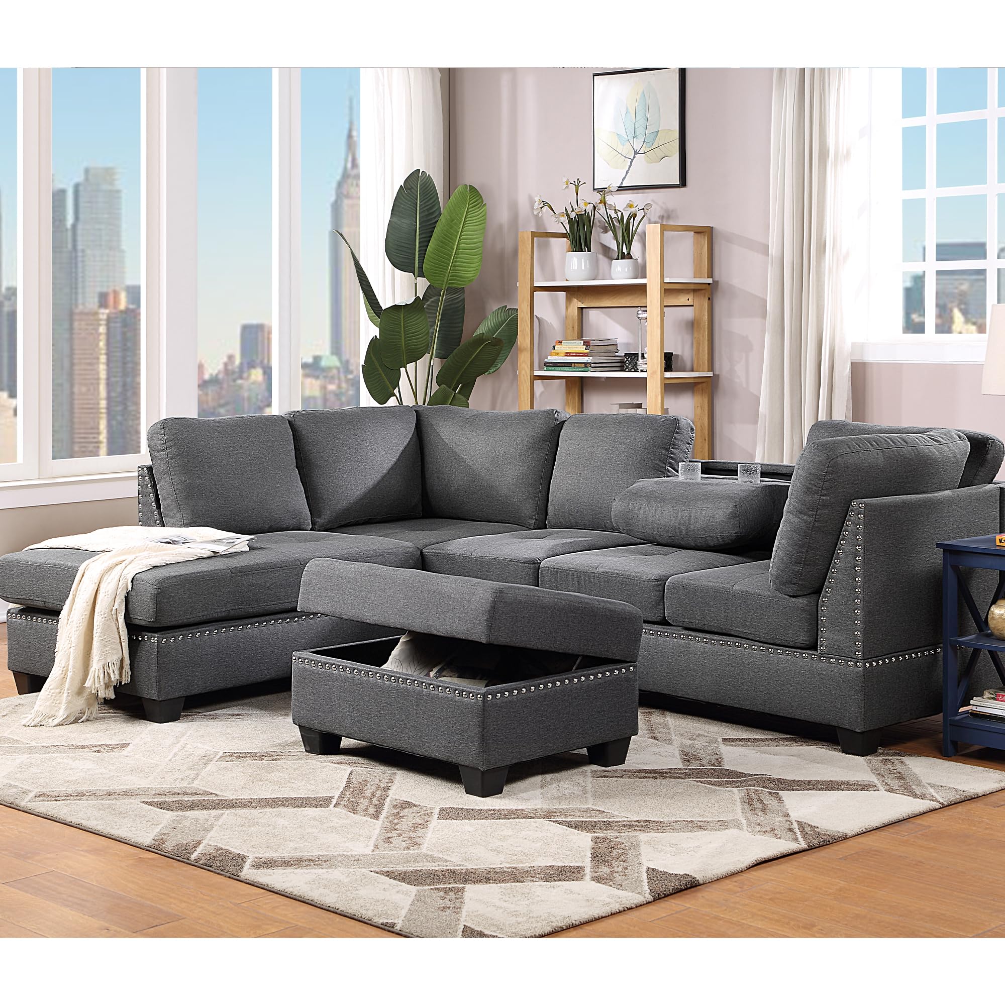P PURLOVE Sectional Sofa with Reversible Chaise Lounge, Linen L-Shaped Sofa with Storage Ottoman and Cup Holders, Nail Head Detail, Sectional Couches Living Room Furniture Sets (BOX 2 of 2 ONLY)