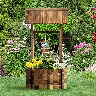 Wooden Wishing Well Planter for Outdoors with Hanging Bucket, Rustic Flower Planter Patio Garden Decorative, Brown